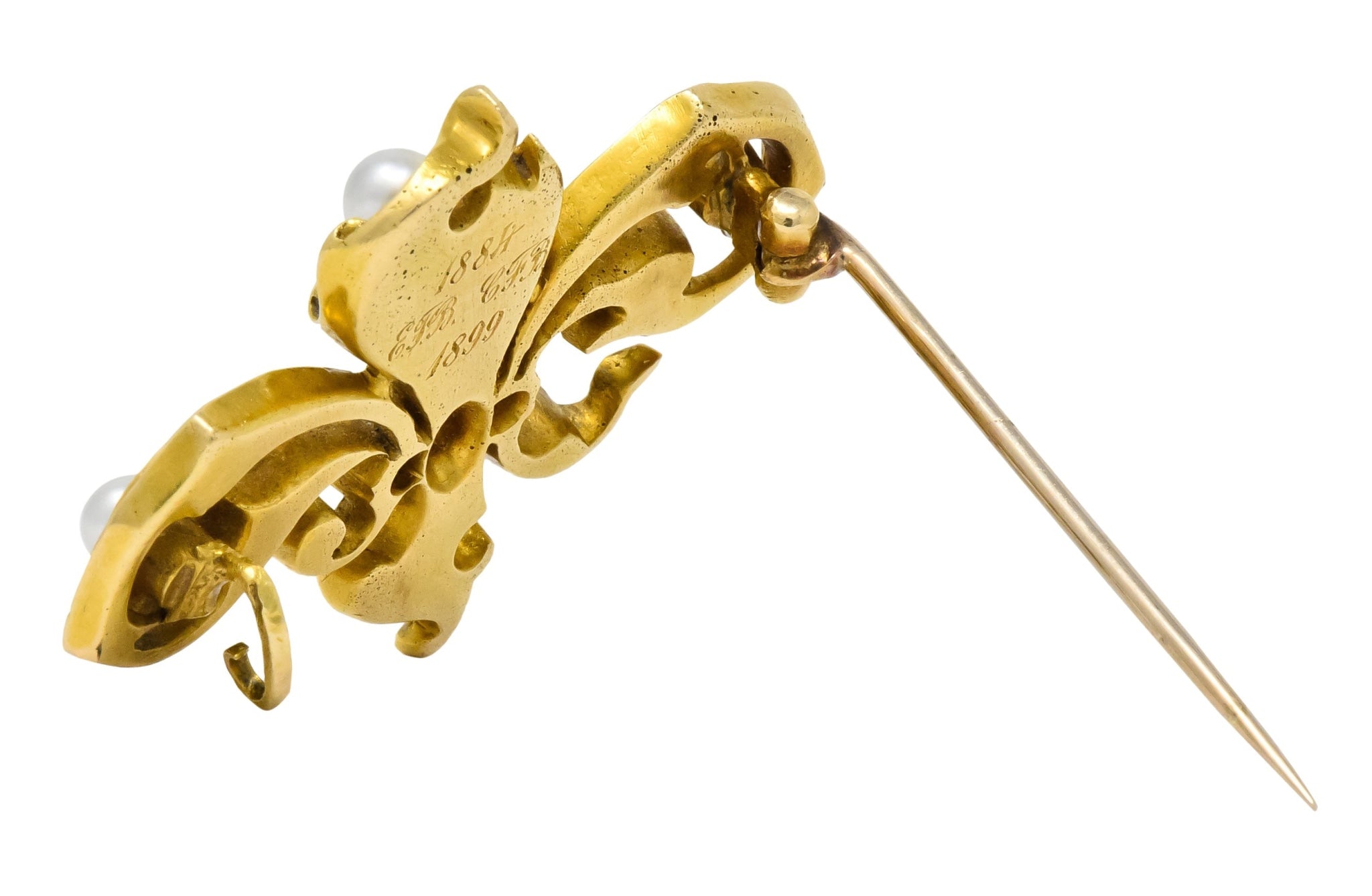 Late Victorian French Fleur-de-lis Diamond Pearl 18 Karat Gold Brooch - Wilson's Estate Jewelry