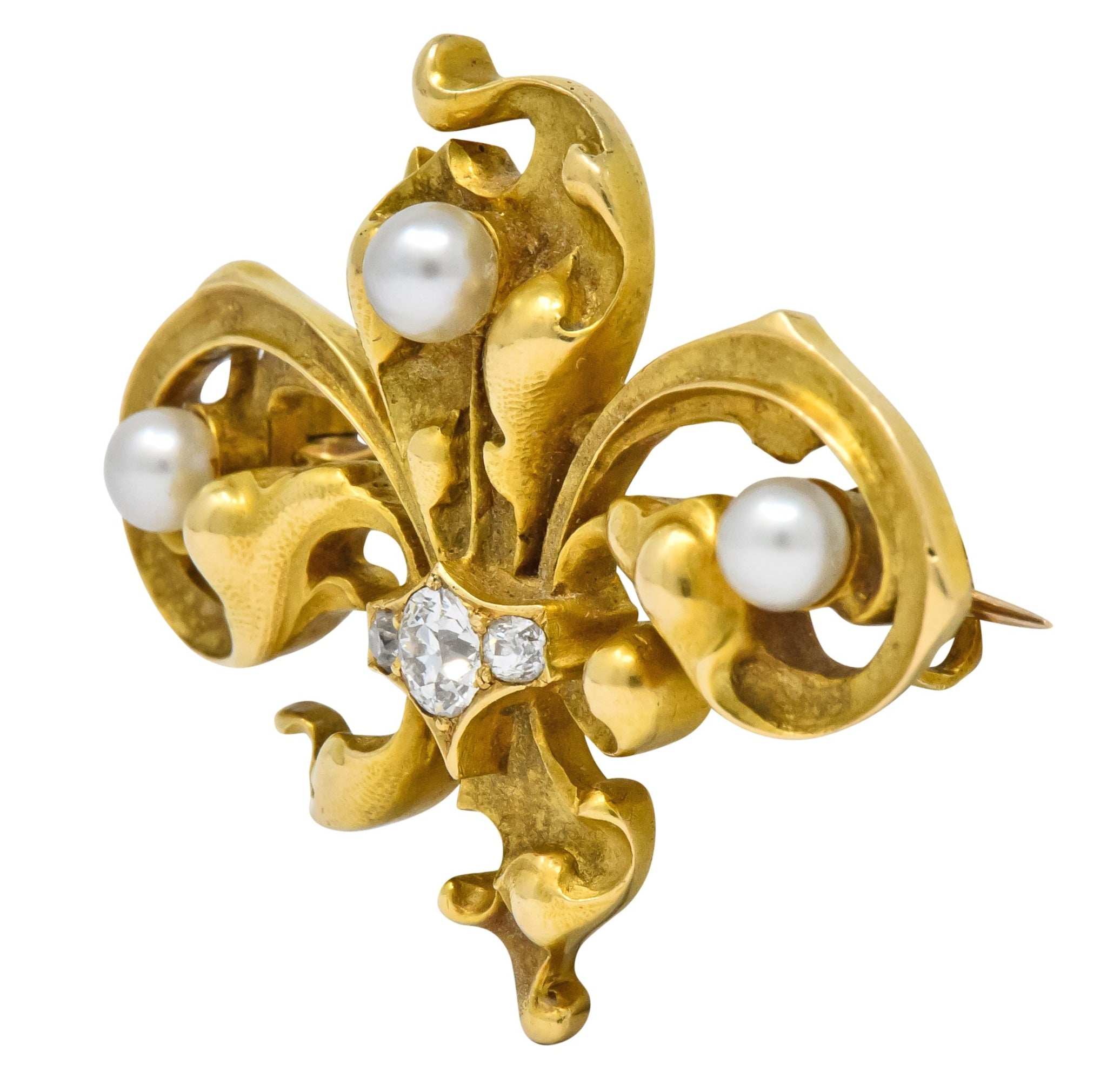 Late Victorian French Fleur-de-lis Diamond Pearl 18 Karat Gold Brooch - Wilson's Estate Jewelry