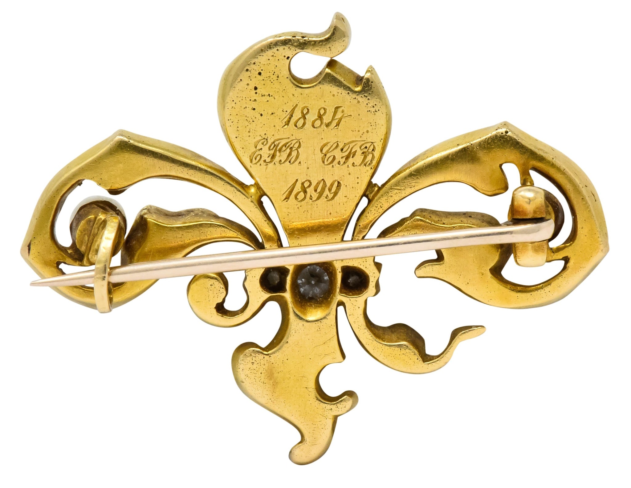 Late Victorian French Fleur-de-lis Diamond Pearl 18 Karat Gold Brooch - Wilson's Estate Jewelry