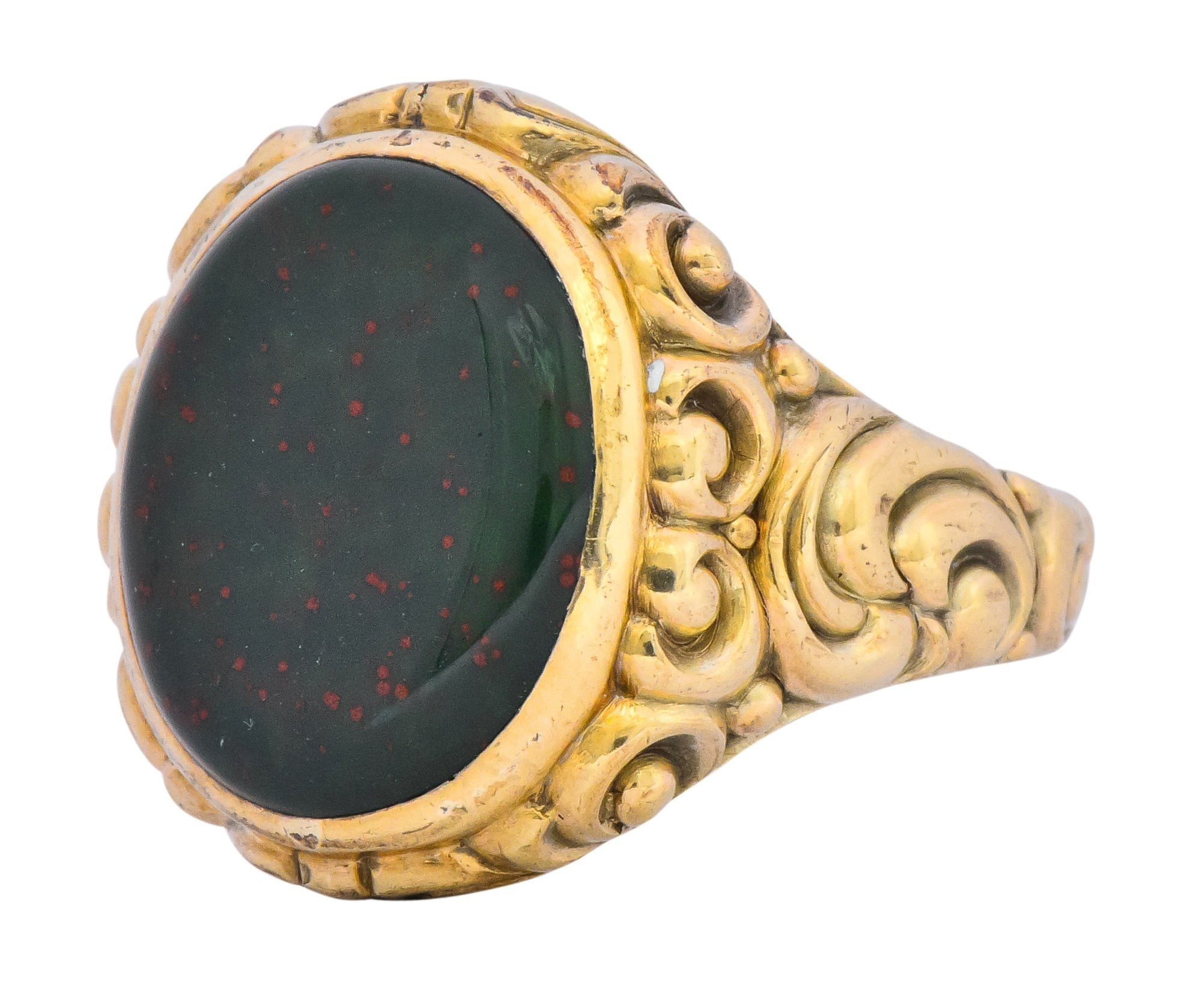 Late Victorian German Bloodstone 8 Karat Gold Unisex Ring Circa 1890 - Wilson's Estate Jewelry