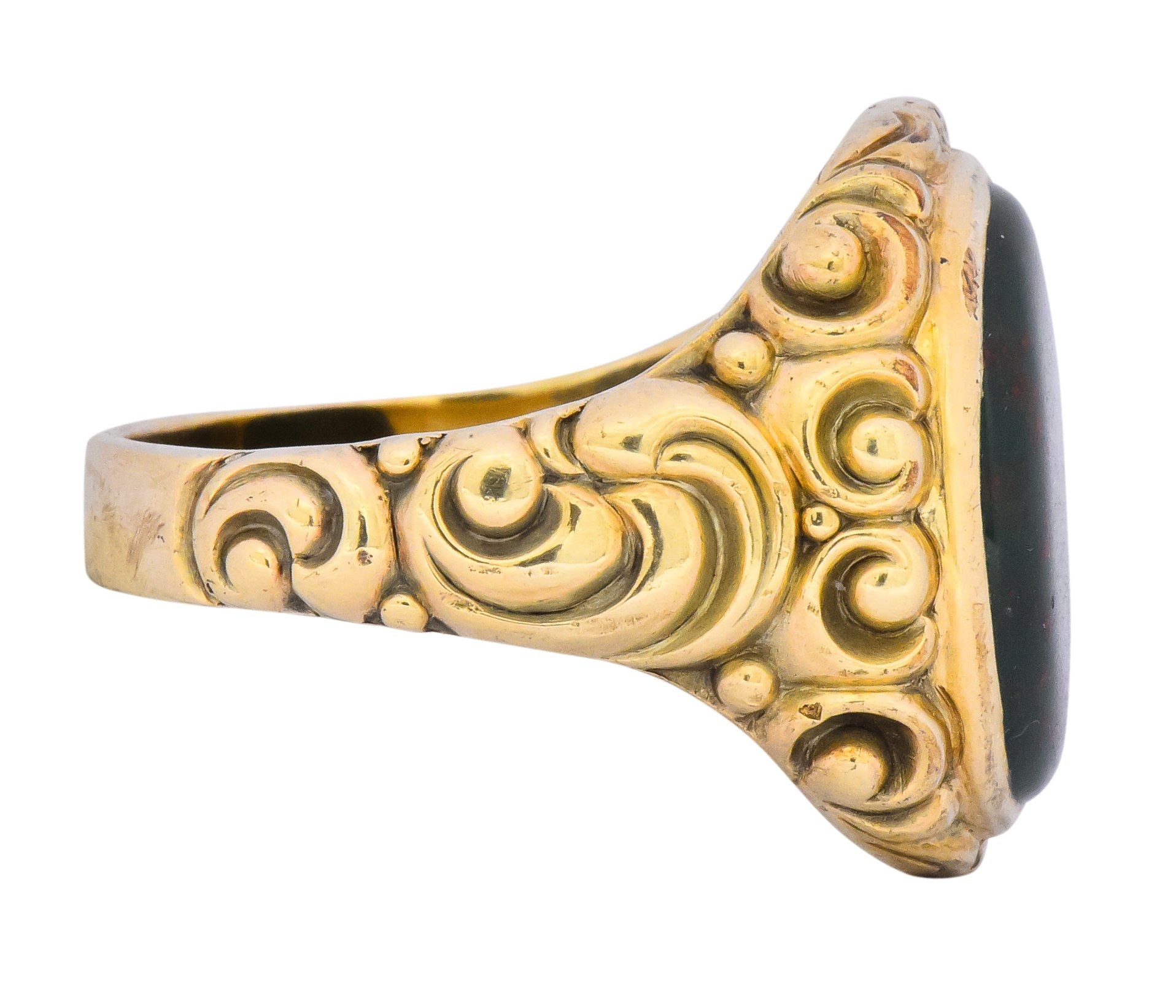 Late Victorian German Bloodstone 8 Karat Gold Unisex Ring Circa 1890 - Wilson's Estate Jewelry