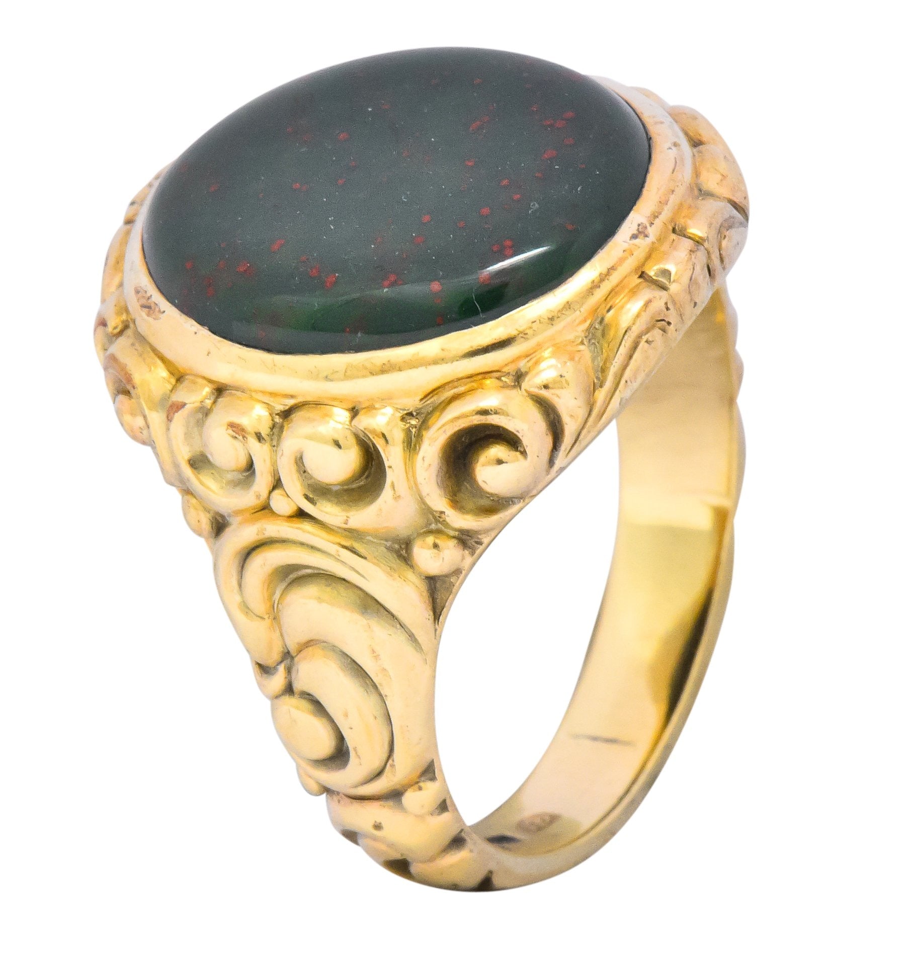Late Victorian German Bloodstone 8 Karat Gold Unisex Ring Circa 1890 - Wilson's Estate Jewelry