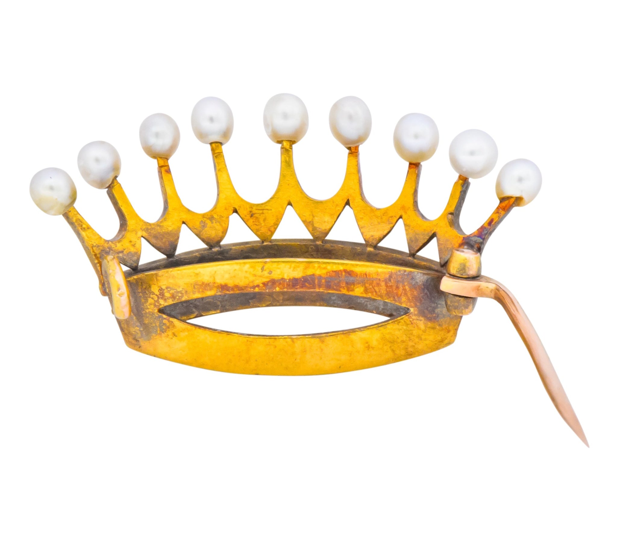 Late Victorian Pearl Sapphire Ruby Diamond 18 Karat Gold Crown Brooch Circa 1890 - Wilson's Estate Jewelry