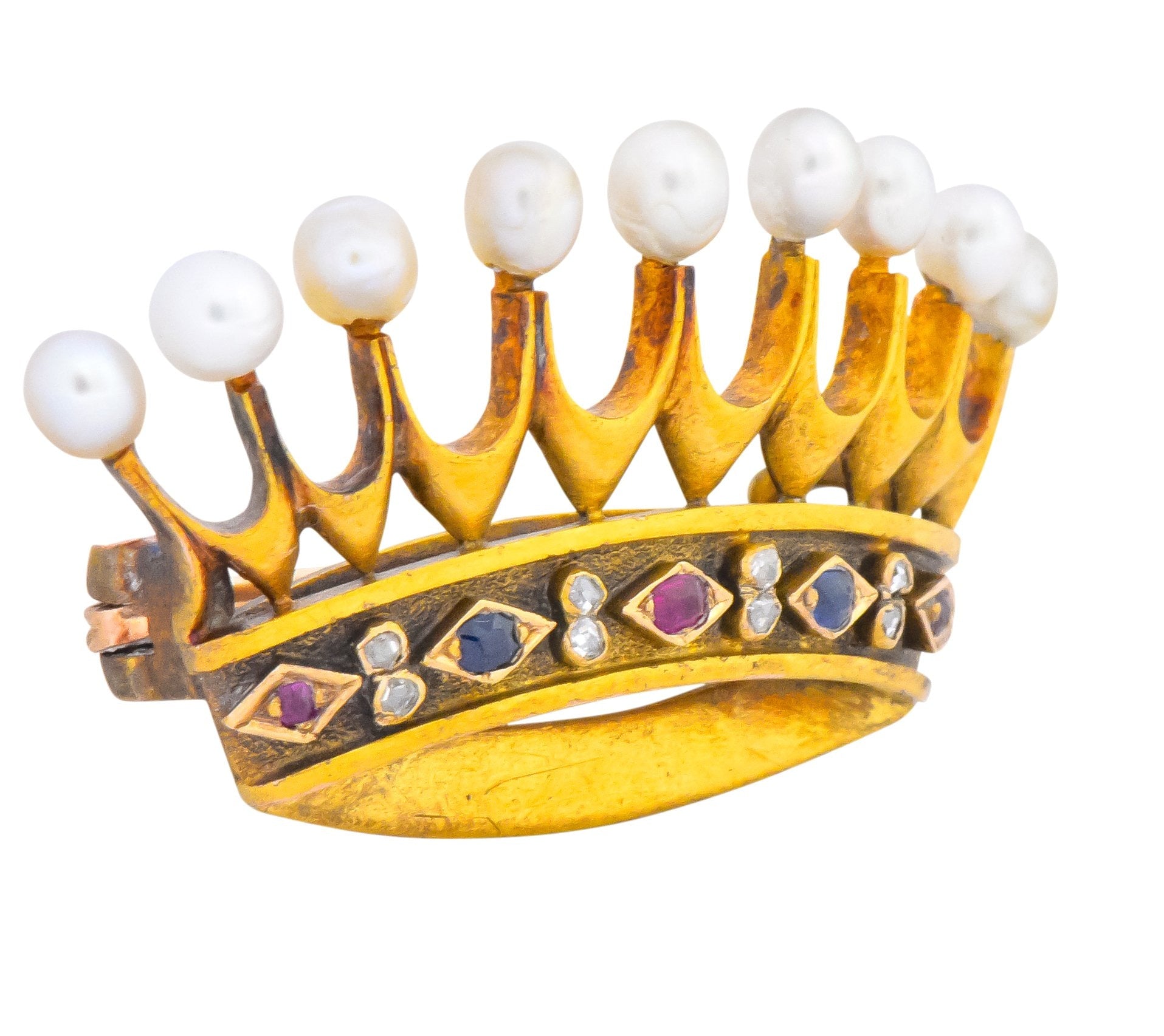 Late Victorian Pearl Sapphire Ruby Diamond 18 Karat Gold Crown Brooch Circa 1890 - Wilson's Estate Jewelry