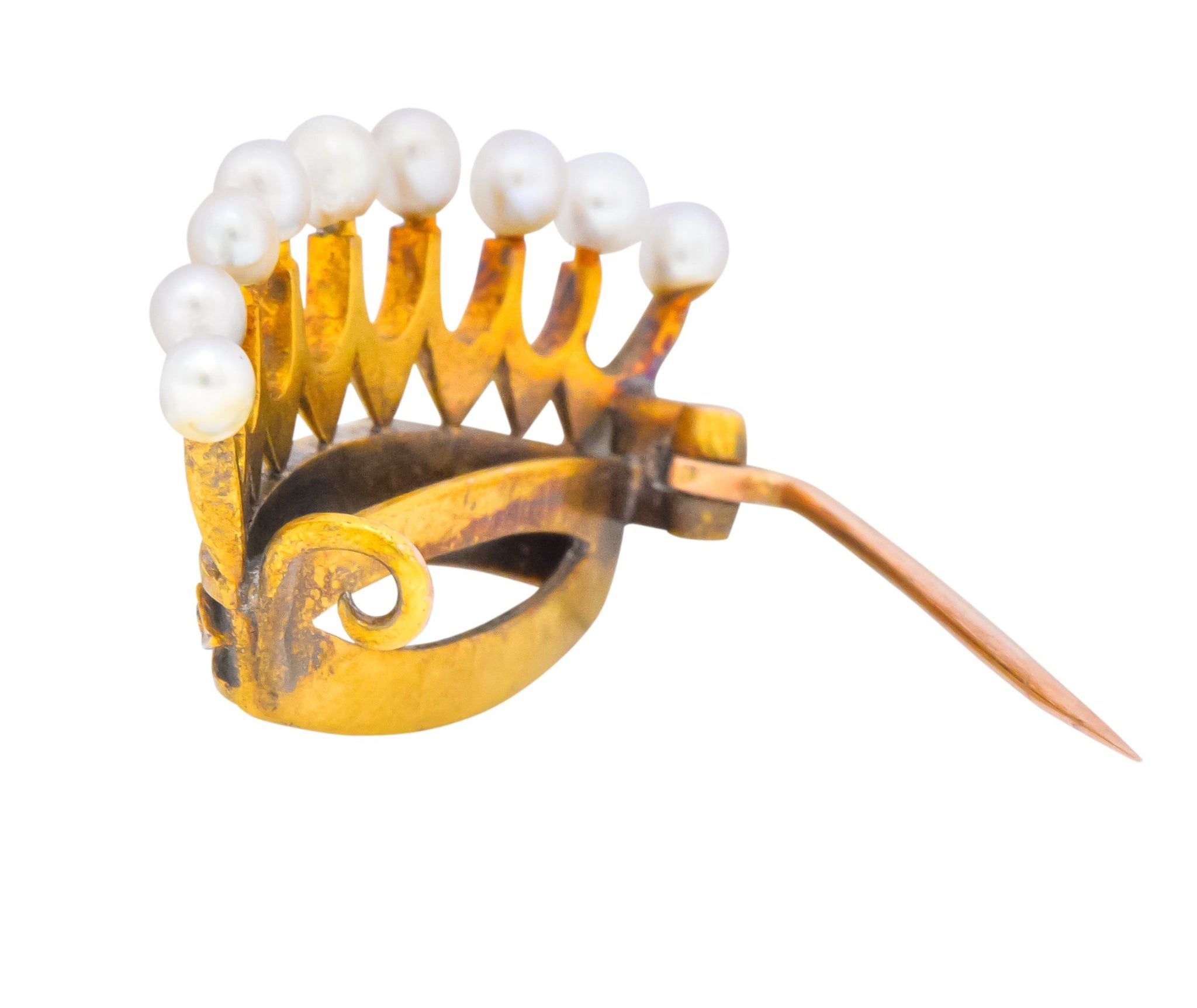 Late Victorian Pearl Sapphire Ruby Diamond 18 Karat Gold Crown Brooch Circa 1890 - Wilson's Estate Jewelry