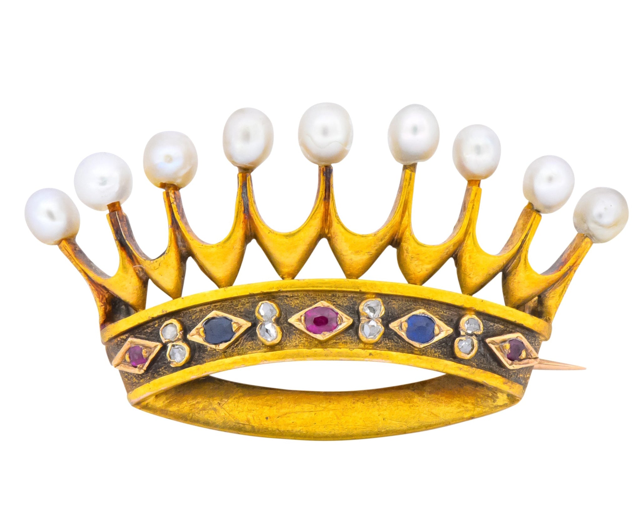 Late Victorian Pearl Sapphire Ruby Diamond 18 Karat Gold Crown Brooch Circa 1890 - Wilson's Estate Jewelry