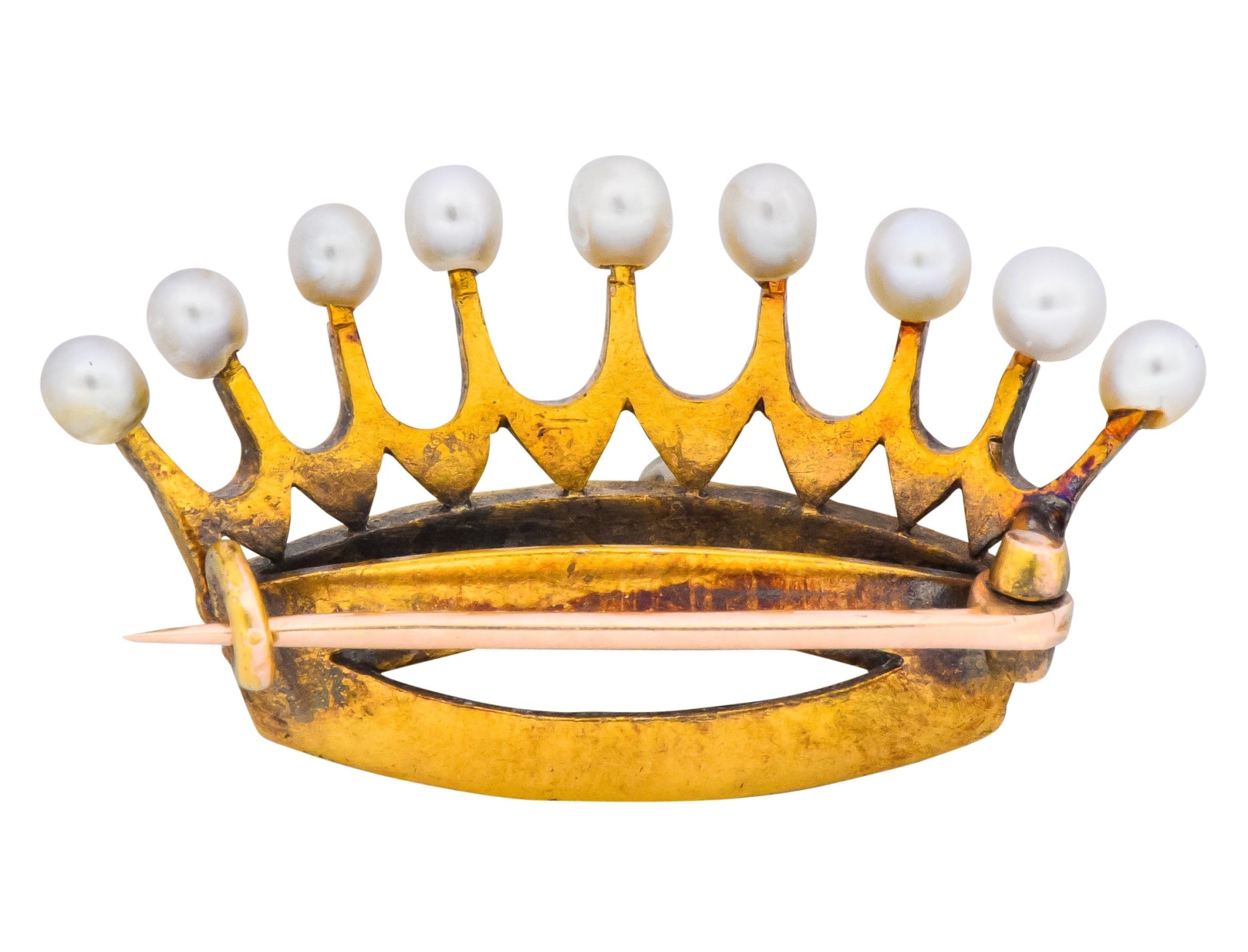 Late Victorian Pearl Sapphire Ruby Diamond 18 Karat Gold Crown Brooch Circa 1890 - Wilson's Estate Jewelry