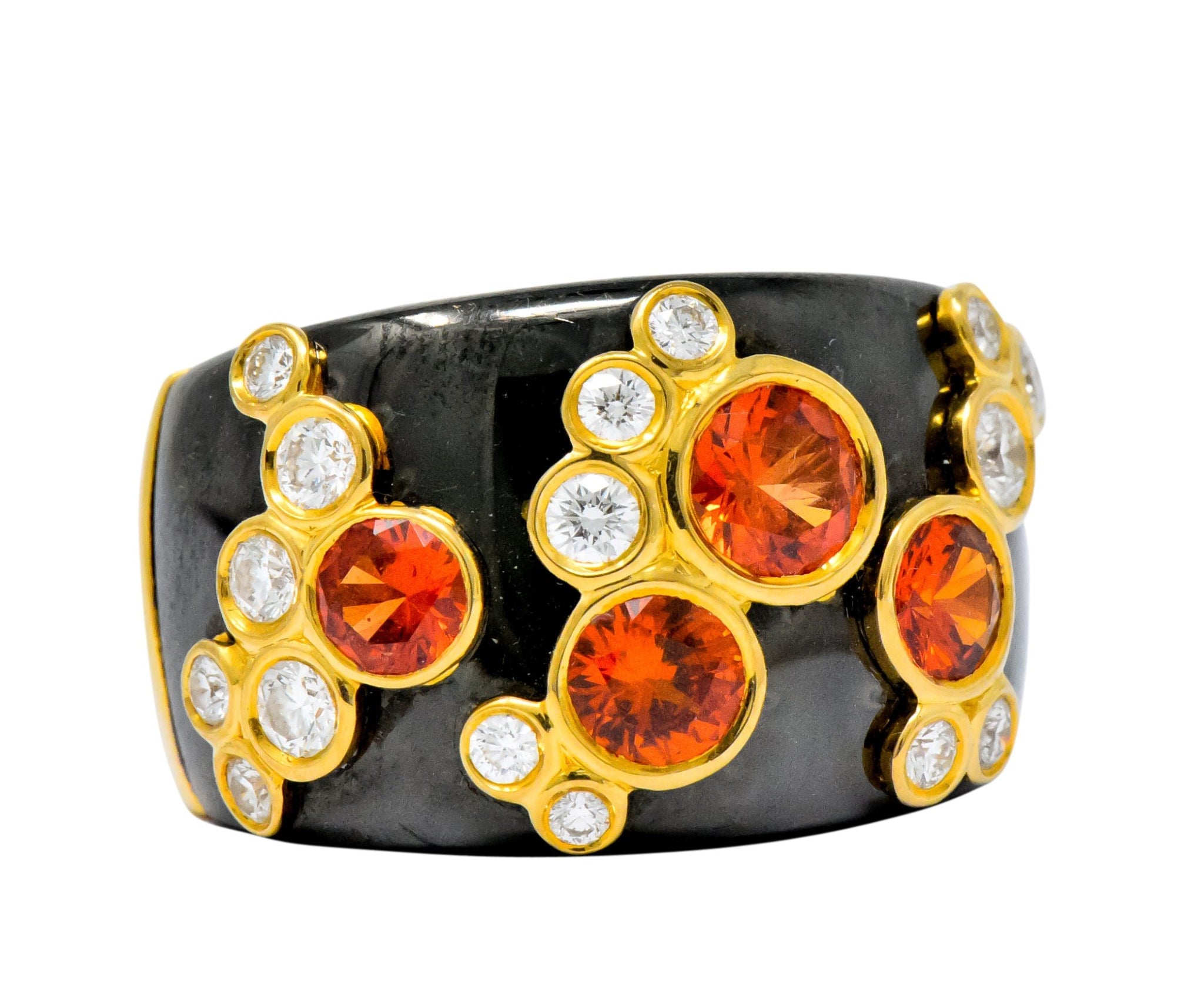 Marina B 'Bulgari' 2.80 CTW Orange Sapphire Diamond Onyx 18 Karat Gold Fujiyama Ring Wilson's Estate Jewelry