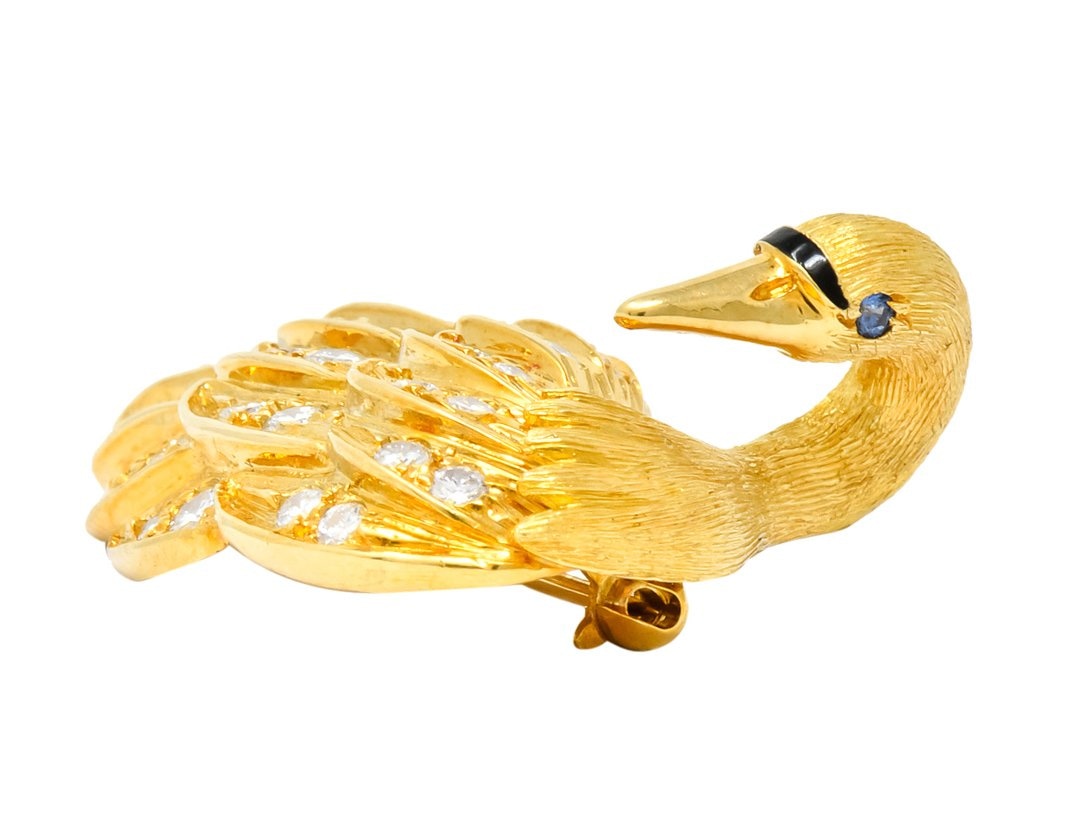 McTeigue Diamond Sapphire Enamel 18 Karat Yellow Gold Swan Brooch - Wilson's Estate Jewelry