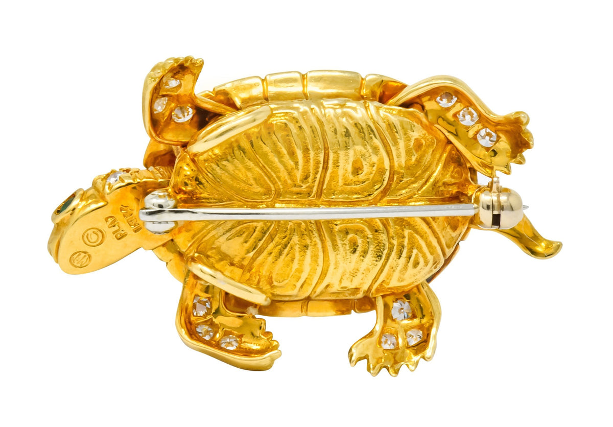 McTeigue Vintage 2.20 CTW Diamond Emerald Platinum-Topped 18 Karat Gold Turtle Pendant Brooch - Wilson's Estate Jewelry