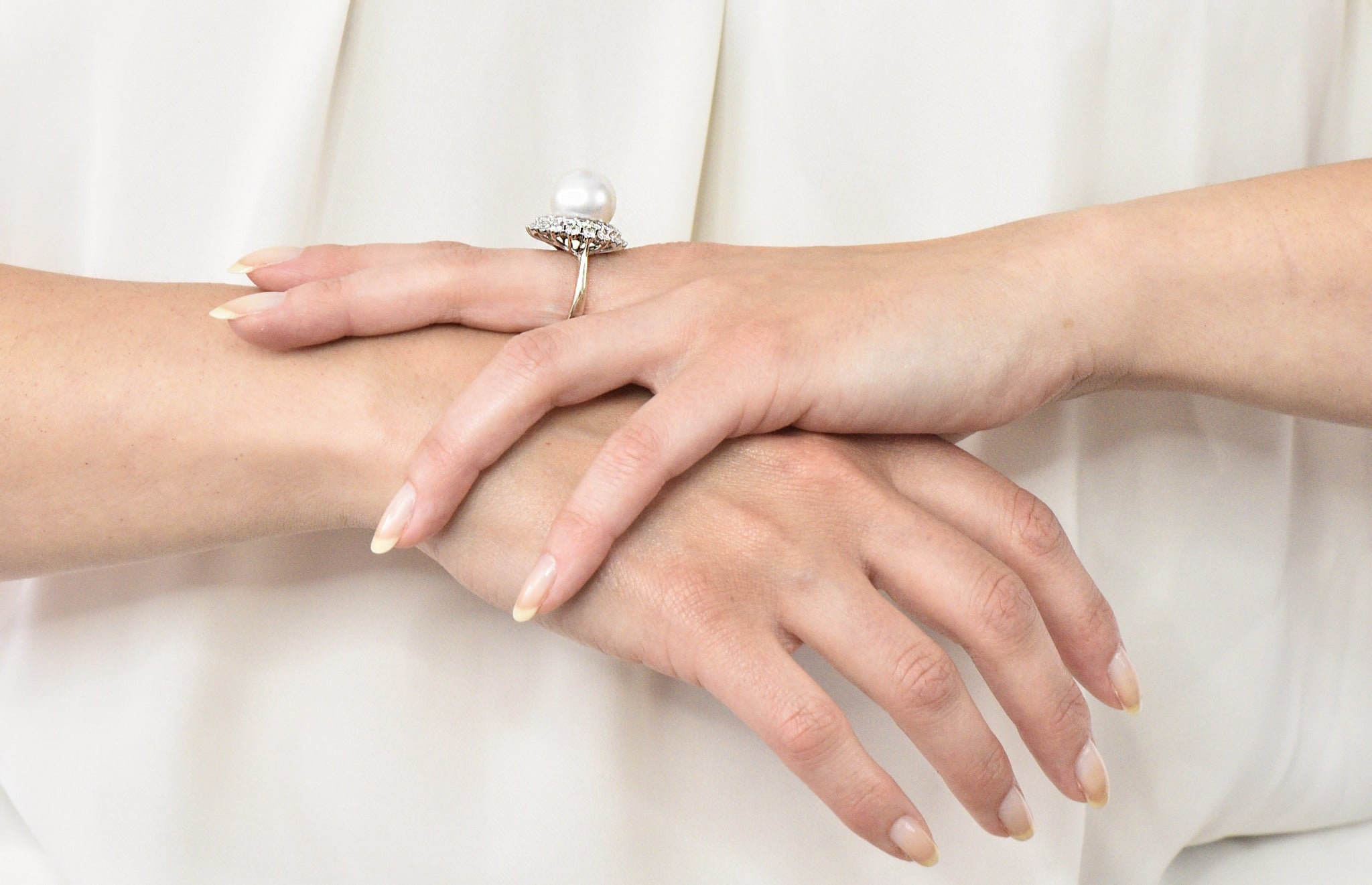 Modern 3.20 CTW Diamond Cultured South Sea Pearl 14 Karat White Gold Cluster Ring - Wilson's Estate Jewelry