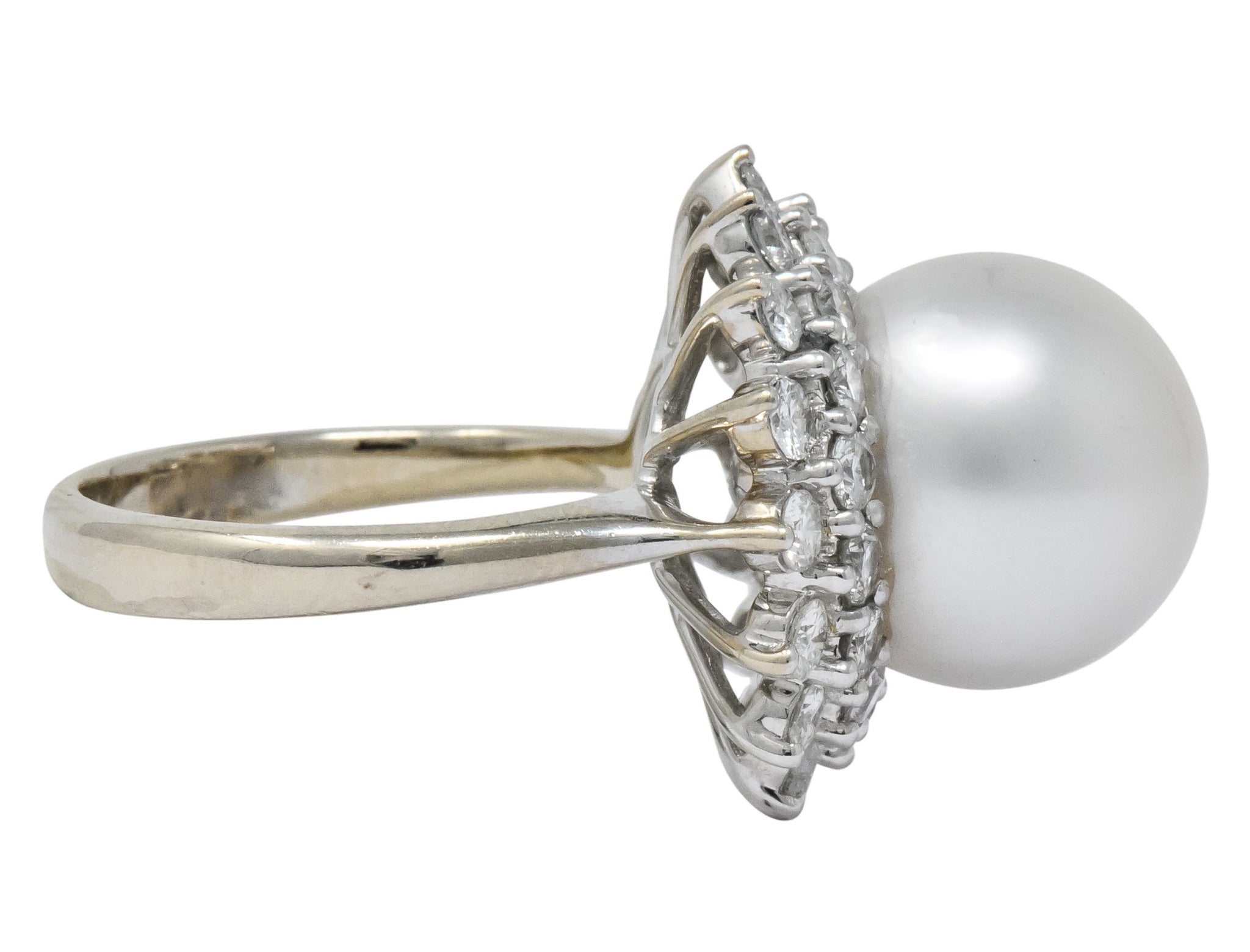 Modern 3.20 CTW Diamond Cultured South Sea Pearl 14 Karat White Gold Cluster Ring - Wilson's Estate Jewelry