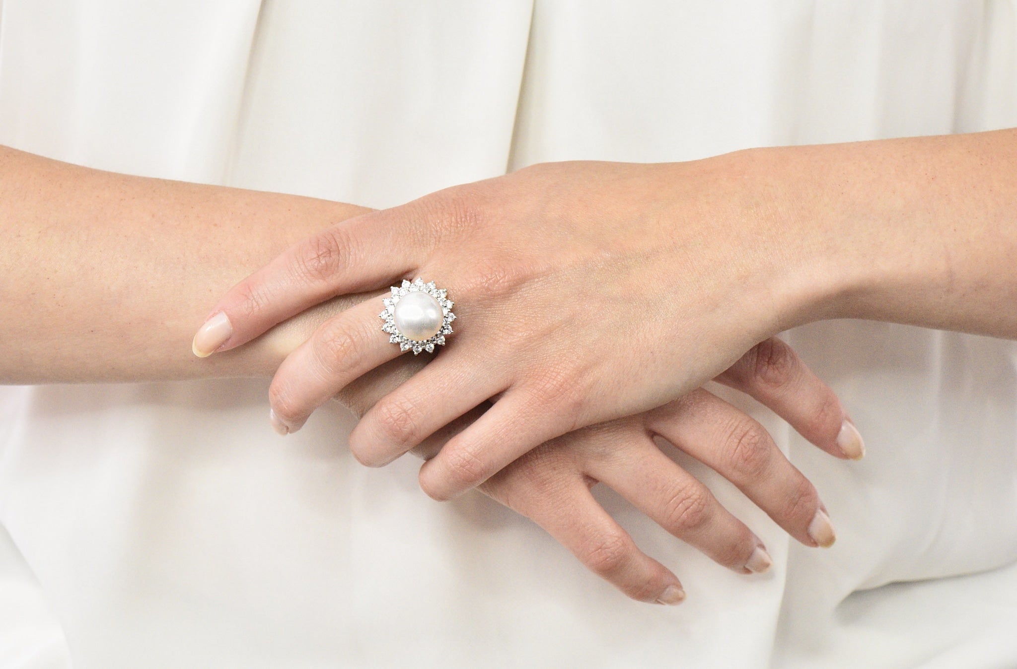 Modern 3.20 CTW Diamond Cultured South Sea Pearl 14 Karat White Gold Cluster Ring - Wilson's Estate Jewelry