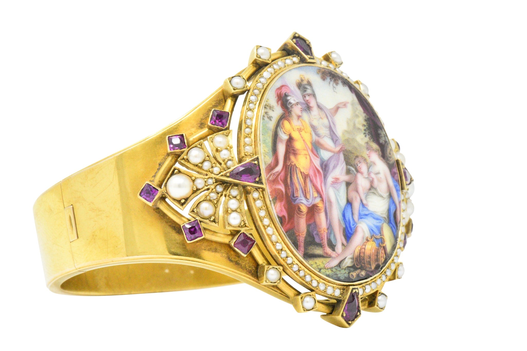 Ornate Victorian Pearl Ruby Painted Porcelain 14k Gold Bangle Bracelet Wilson's Estate Jewelry