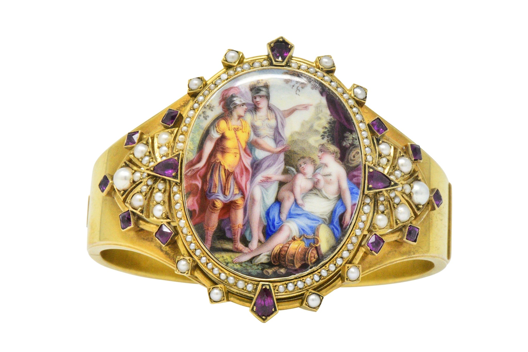 Ornate Victorian Pearl Ruby Painted Porcelain 14k Gold Bangle Bracelet Wilson's Estate Jewelry
