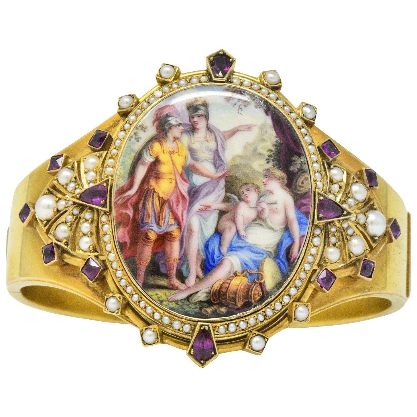 Ornate Victorian Pearl Ruby Painted Porcelain 14k Gold Bangle Bracelet Wilson's Estate Jewelry