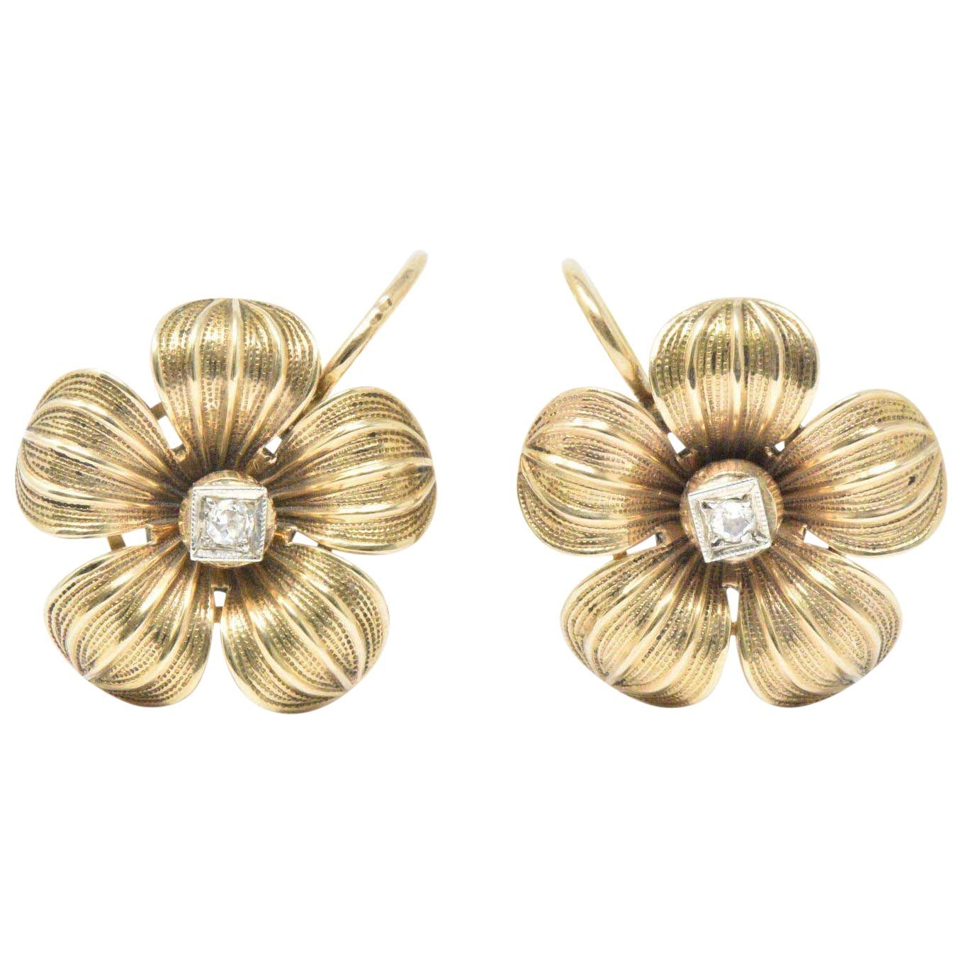 Pretty Diamond & 14K Gold Victorian Flower Earrings Wilson's Estate Jewelry
