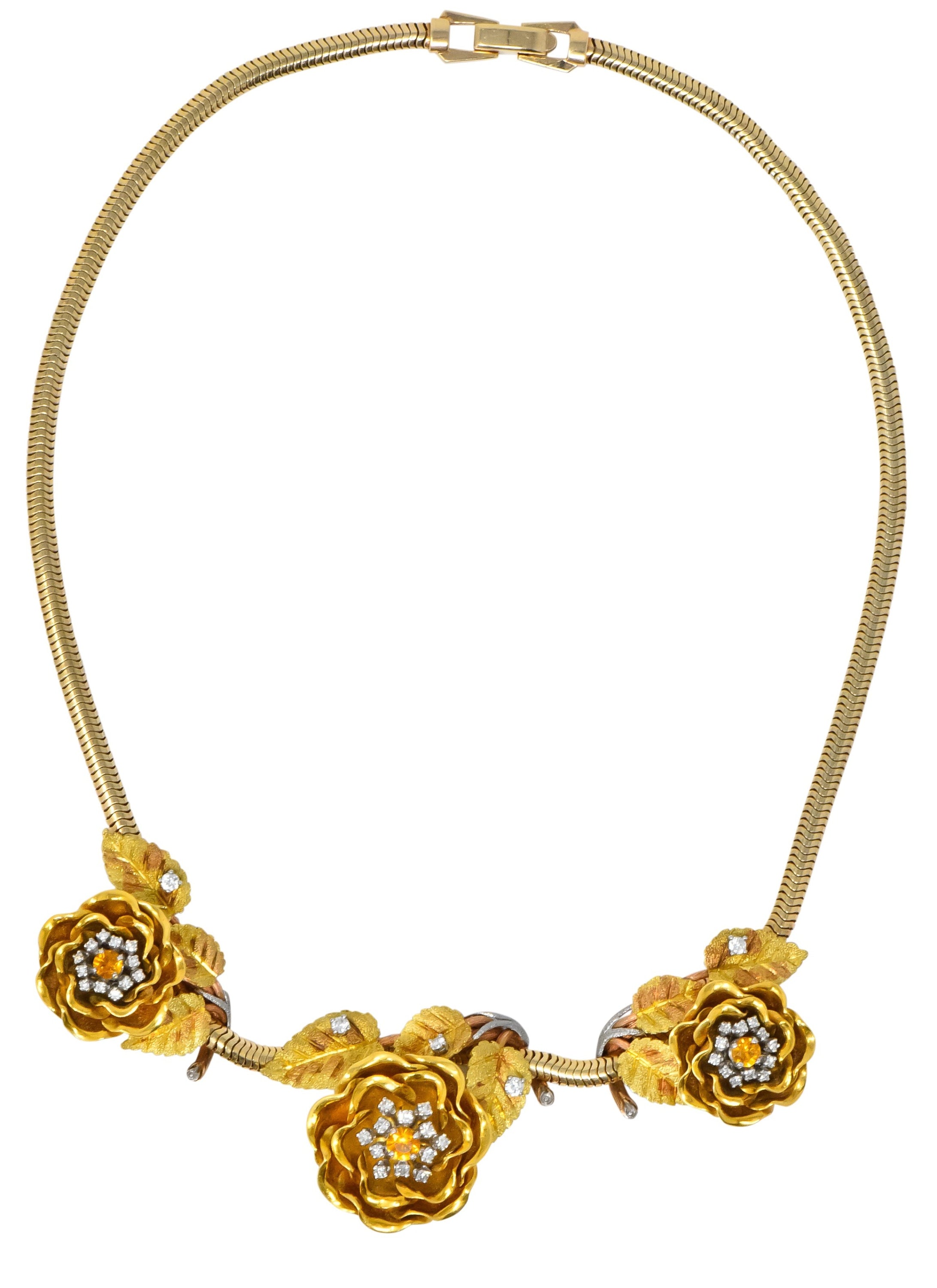 Retro 1.00 CTW Citrine Diamond Platinum 14 Karat Tri-Colored Gold Flower Necklace - Wilson's Estate Jewelry