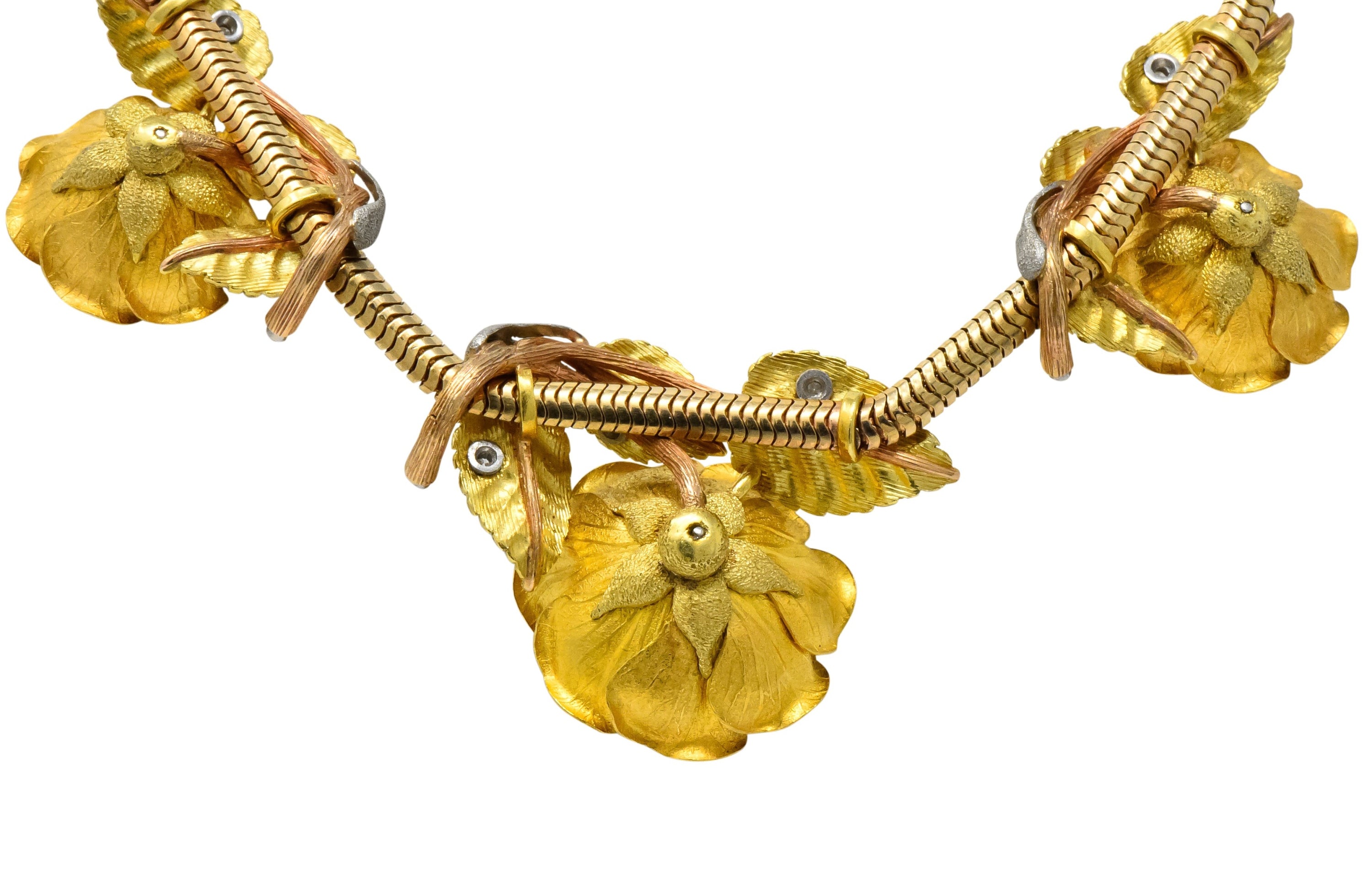 Retro 1.00 CTW Citrine Diamond Platinum 14 Karat Tri-Colored Gold Flower Necklace - Wilson's Estate Jewelry