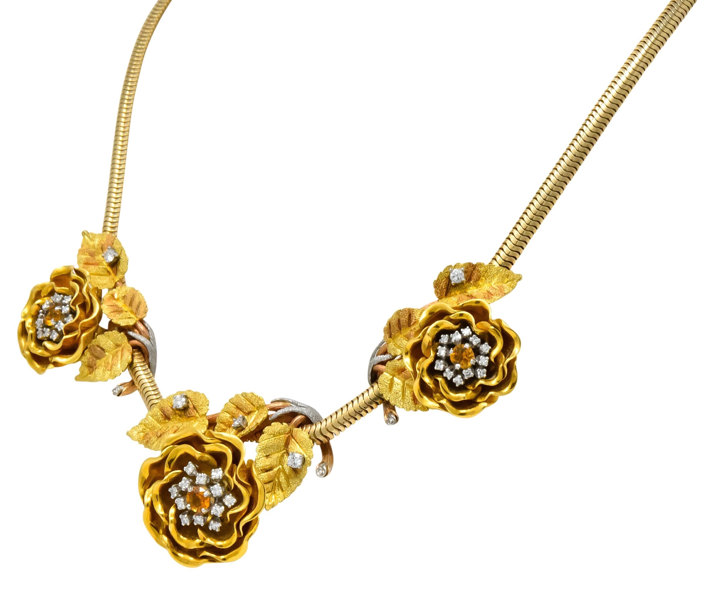 Retro 1.00 CTW Citrine Diamond Platinum 14 Karat Tri-Colored Gold Flower Necklace - Wilson's Estate Jewelry