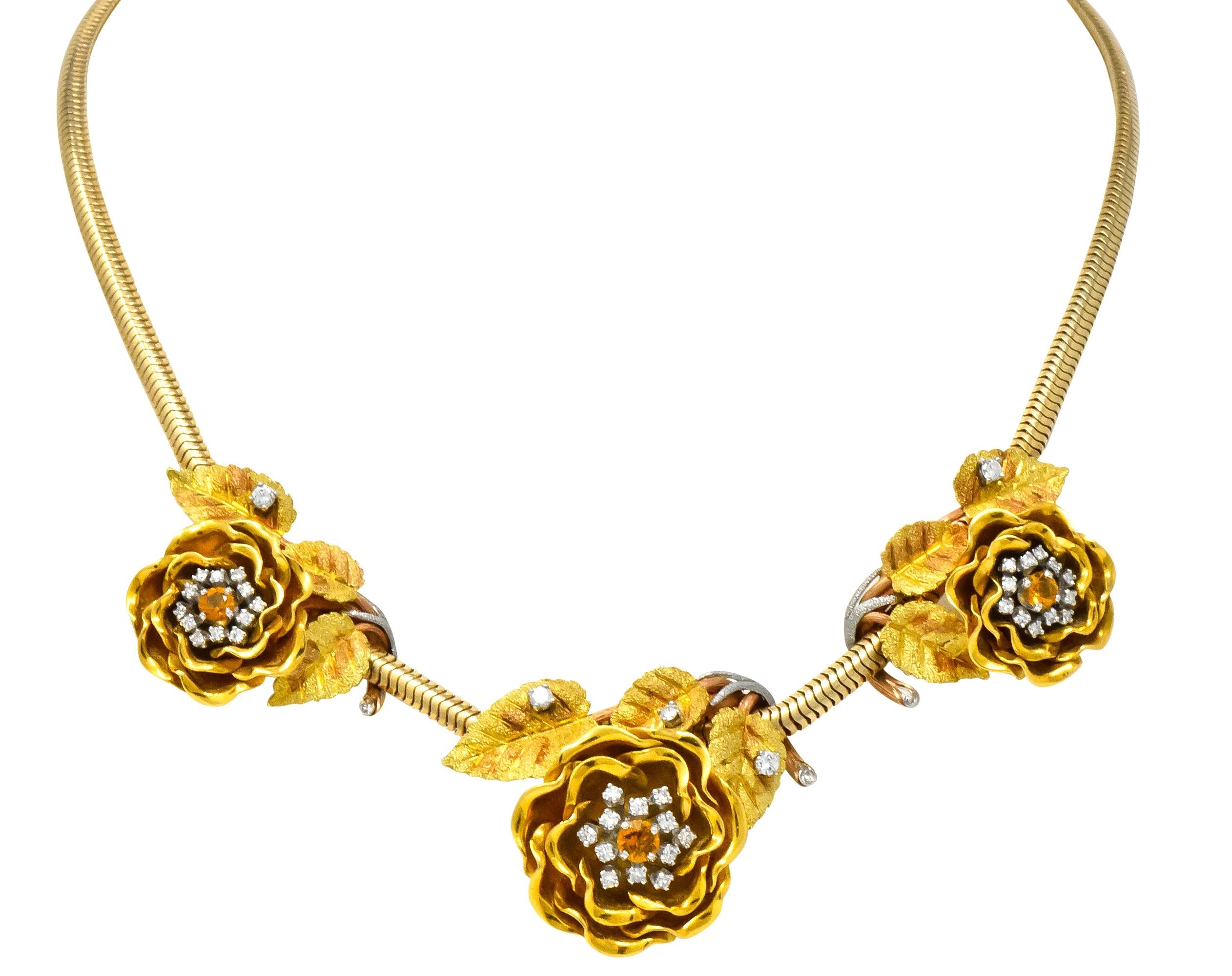 Retro 1.00 CTW Citrine Diamond Platinum 14 Karat Tri-Colored Gold Flower Necklace - Wilson's Estate Jewelry