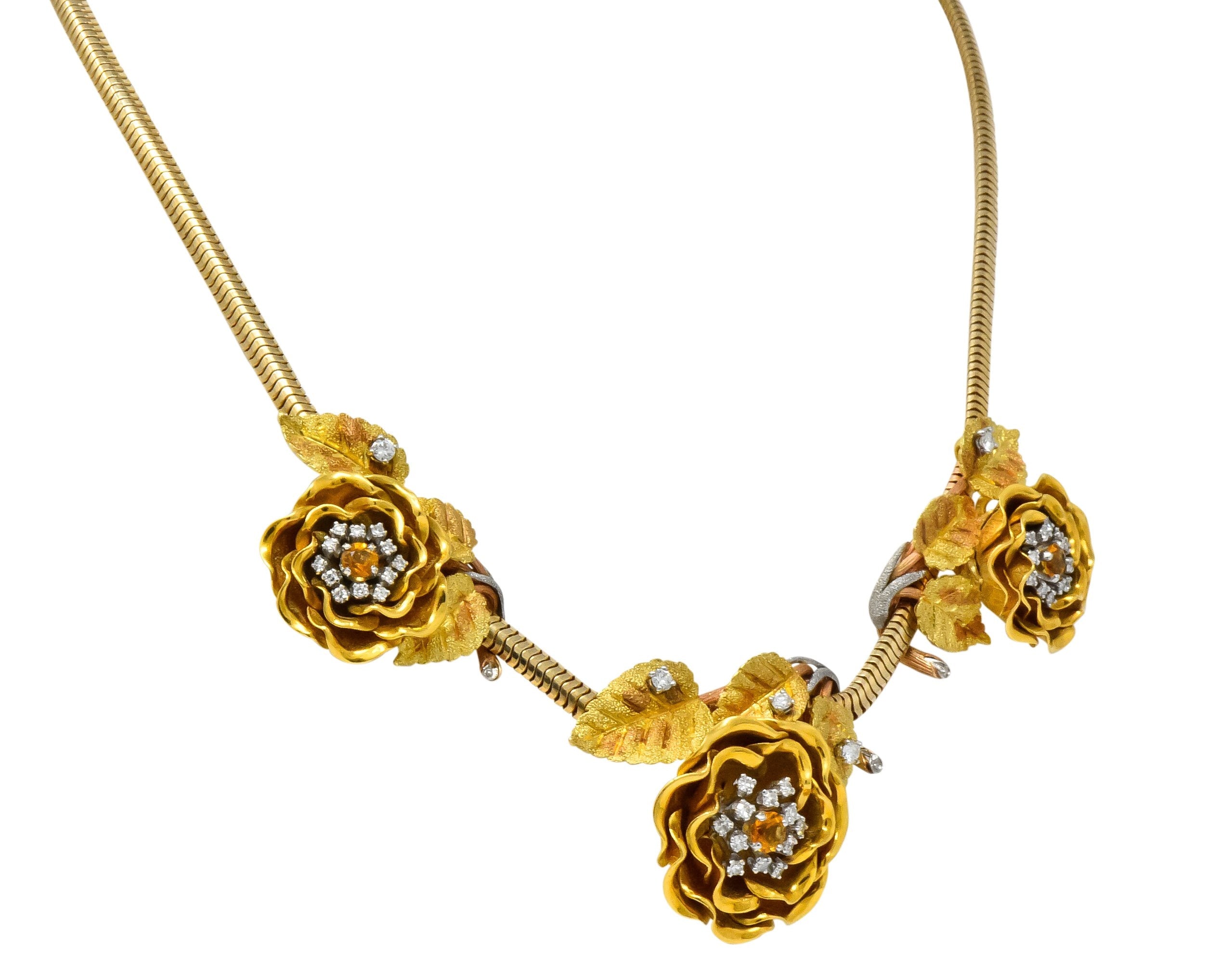 Retro 1.00 CTW Citrine Diamond Platinum 14 Karat Tri-Colored Gold Flower Necklace - Wilson's Estate Jewelry