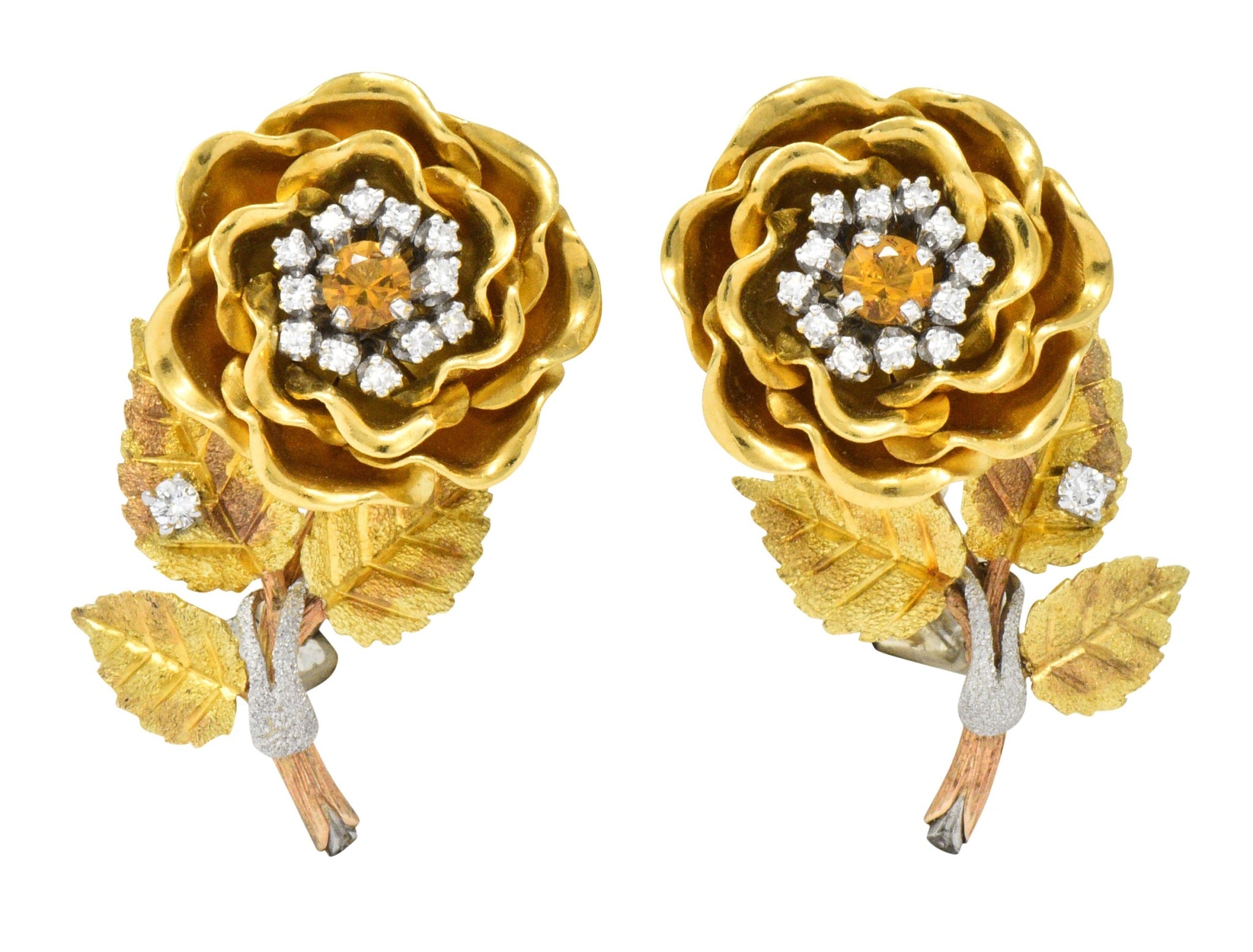 Retro Citrine Diamond Platinum 14 Karat Tri-Colored Gold Flower Ear-Clip Earrings Circa 1940 - Wilson's Estate Jewelry