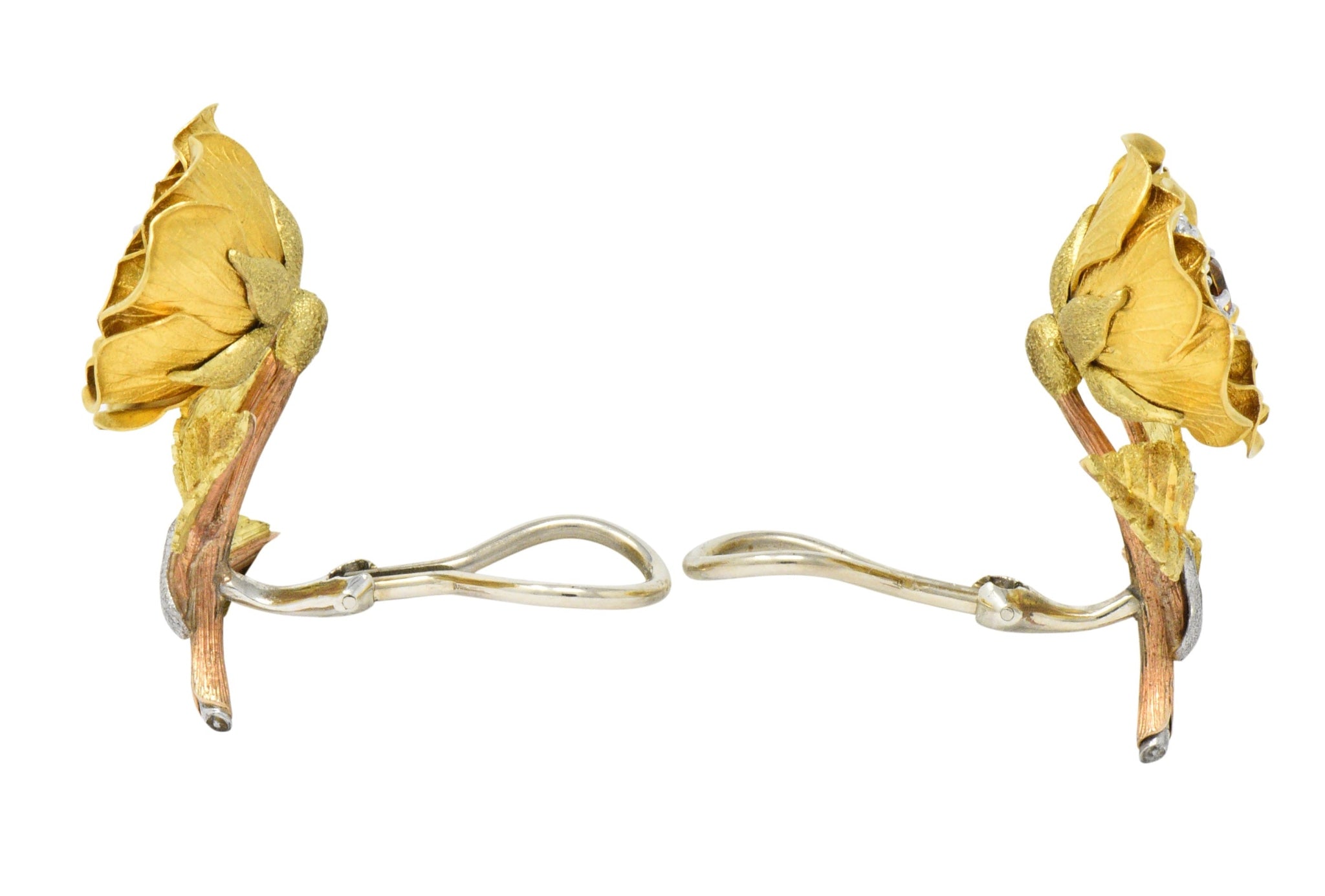 Retro Citrine Diamond Platinum 14 Karat Tri-Colored Gold Flower Ear-Clip Earrings Circa 1940 - Wilson's Estate Jewelry