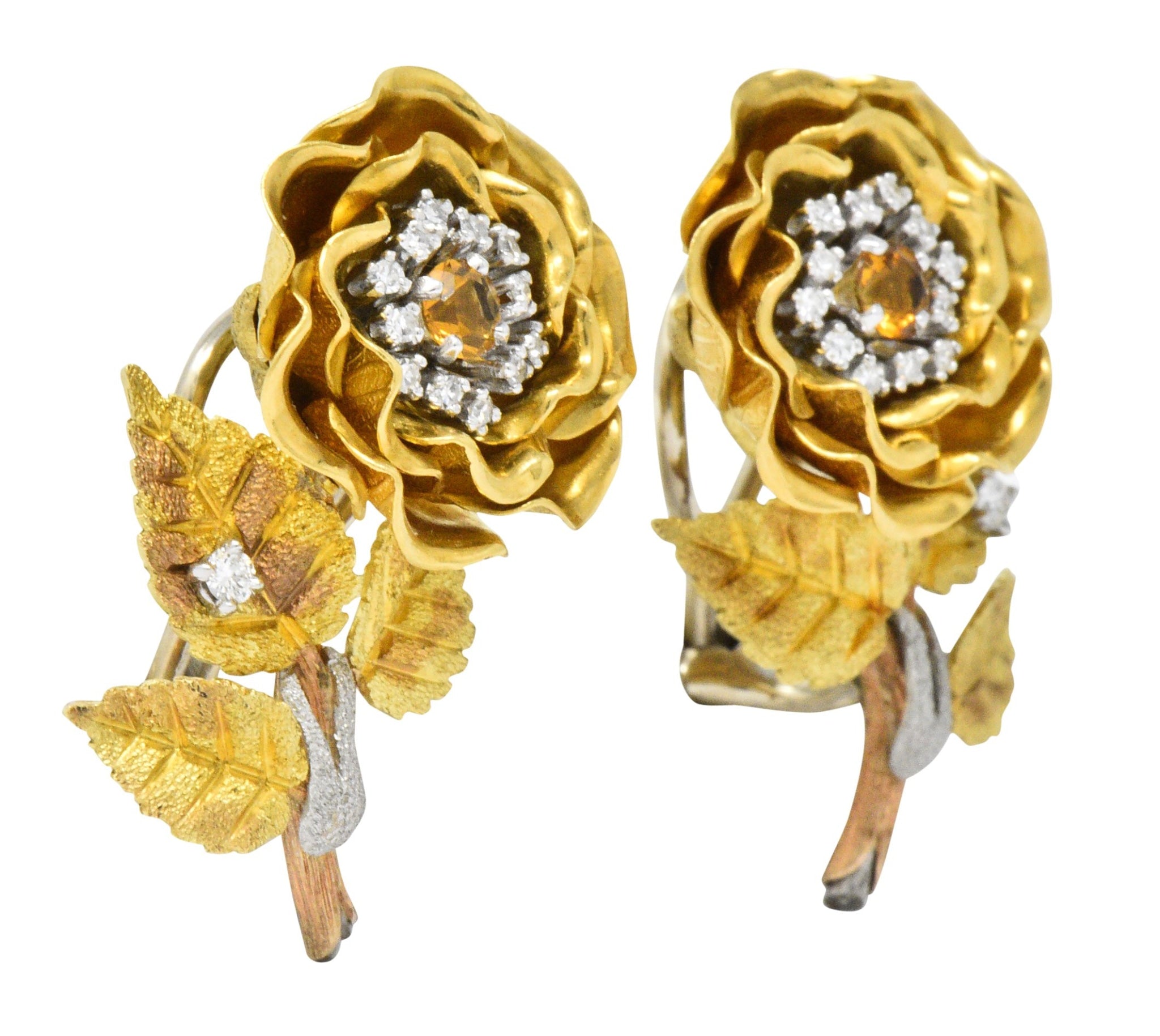 Retro Citrine Diamond Platinum 14 Karat Tri-Colored Gold Flower Ear-Clip Earrings Circa 1940 - Wilson's Estate Jewelry