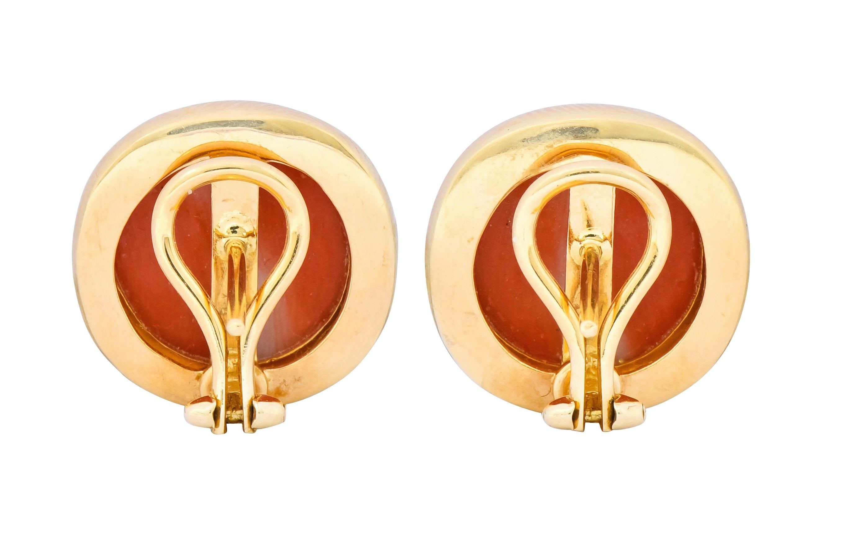 Retro Coral Cabochon 14 Karat Yellow Gold Circular Earrings - Wilson's Estate Jewelry