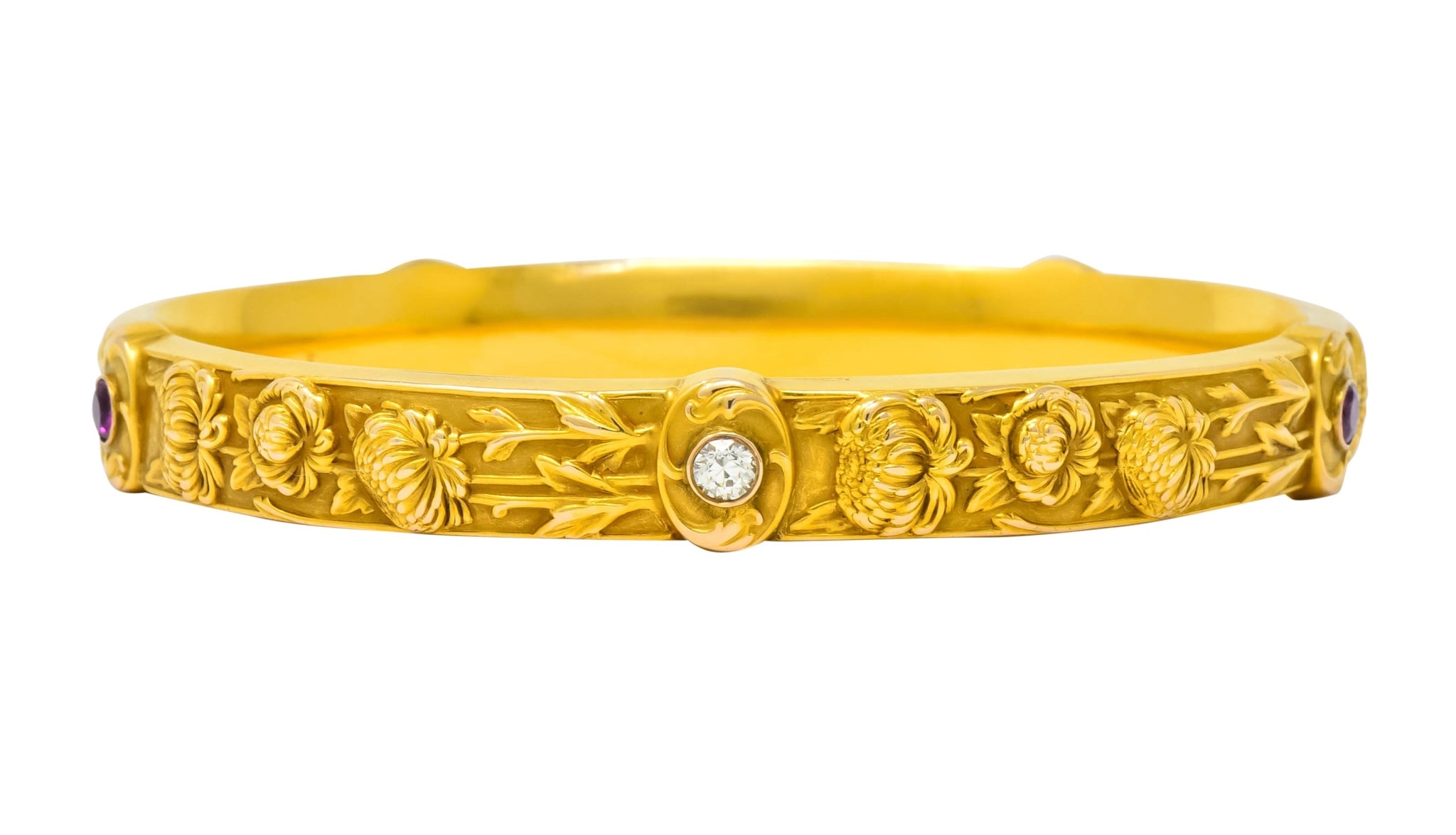 Riker Brothers Art Nouveau Diamond Ruby 14 Karat Gold Floral Bangle Bracelet - Wilson's Estate Jewelry