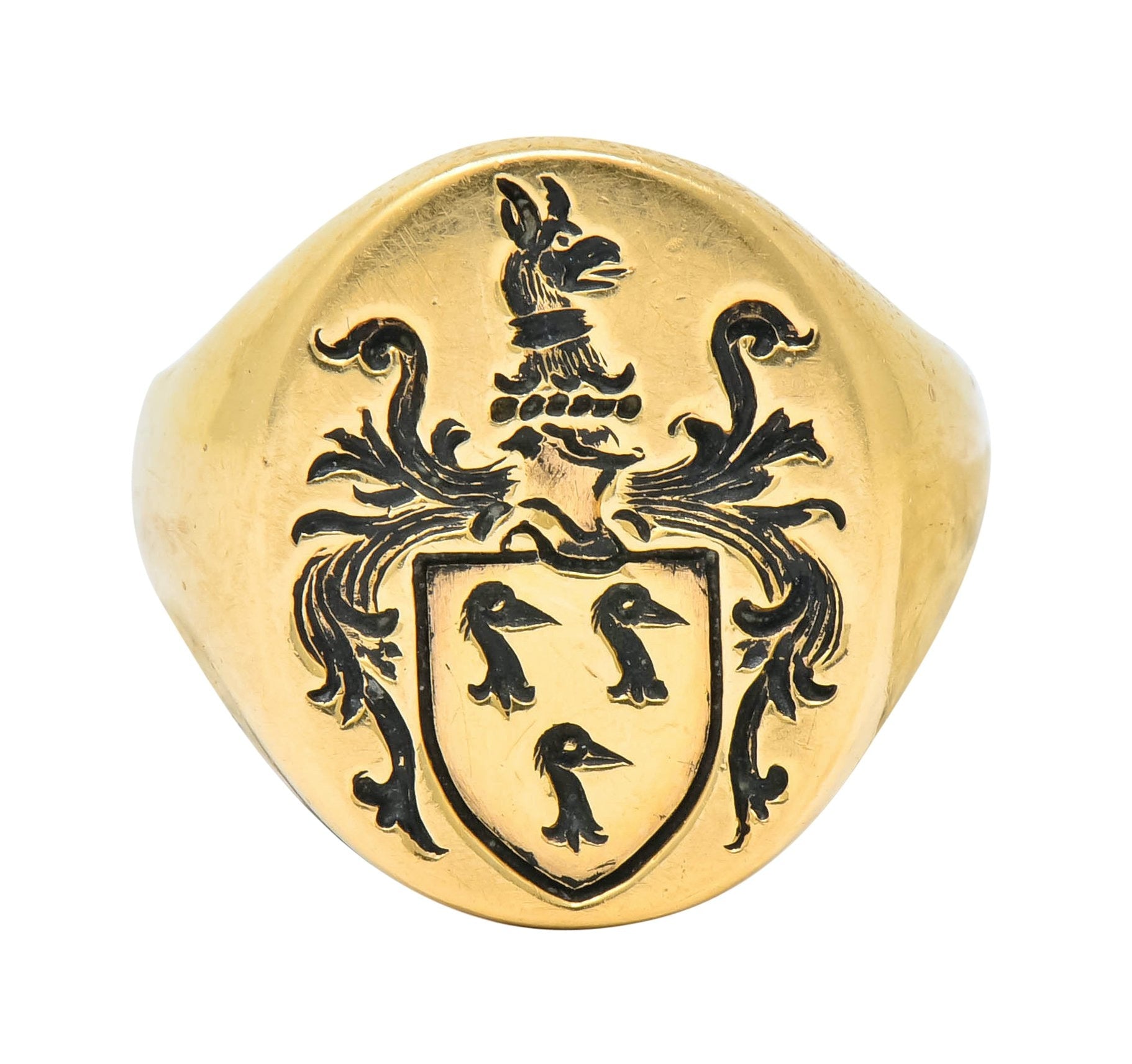 Robust Victorian 14 Karat Gold Crane Heraldry Unisex Signet Ring - Wilson's Estate Jewelry