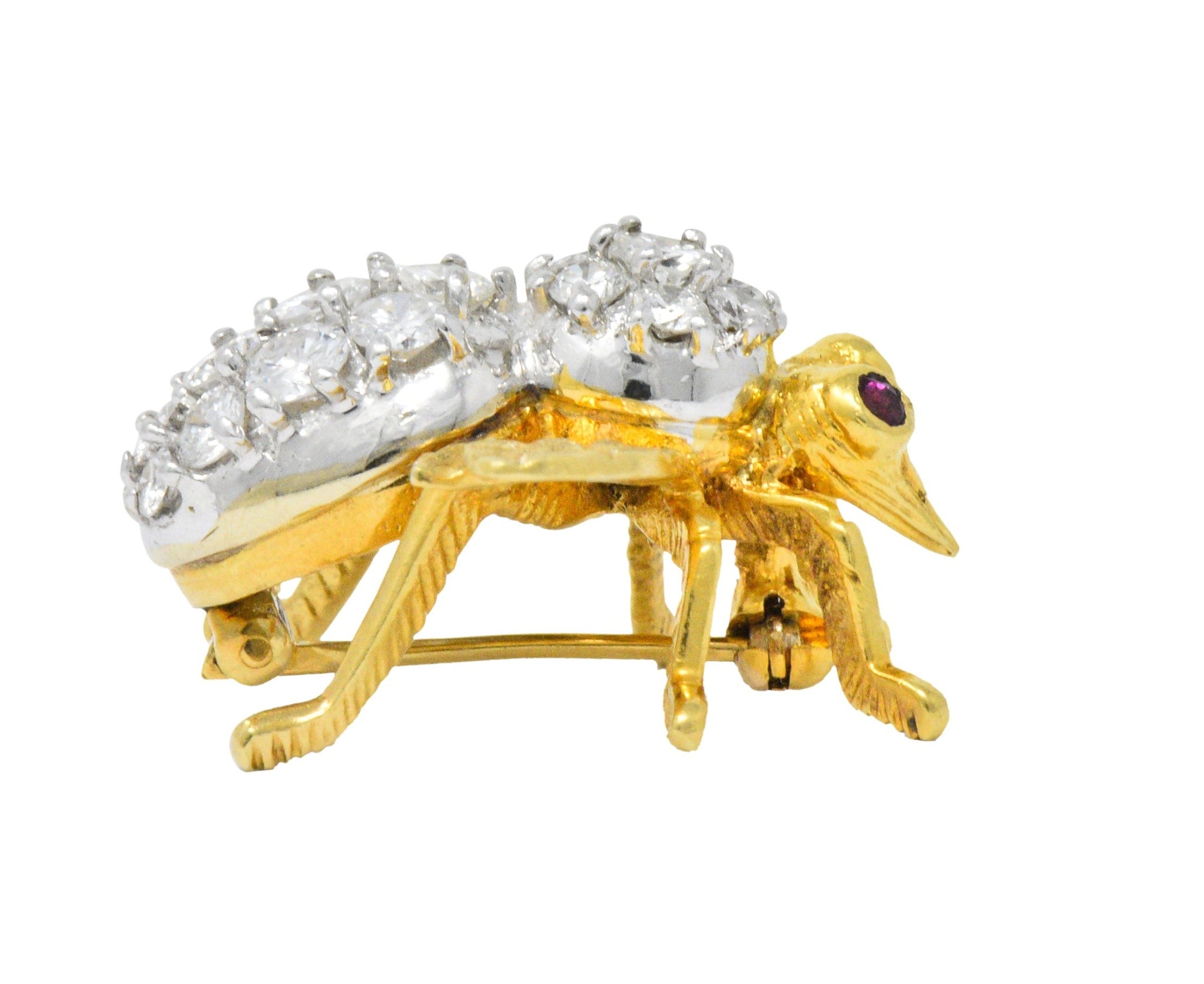 Rosenthal Vintage 2.00 CTW Diamond Ruby Platinum 18 Karat Gold Bee Bug Brooch Wilson's Estate Jewelry