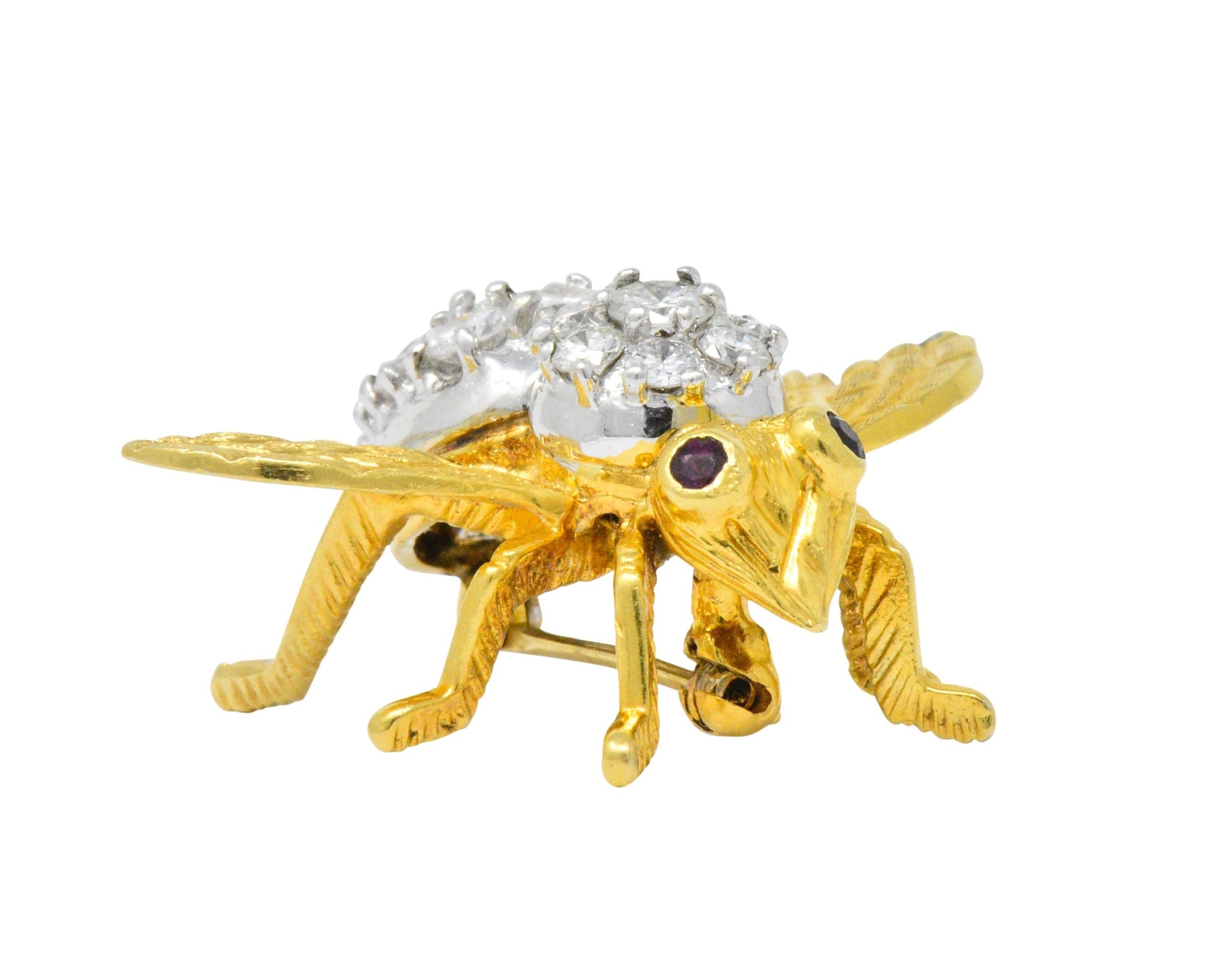 Rosenthal Vintage 2.00 CTW Diamond Ruby Platinum 18 Karat Gold Bee Bug Brooch Wilson's Estate Jewelry