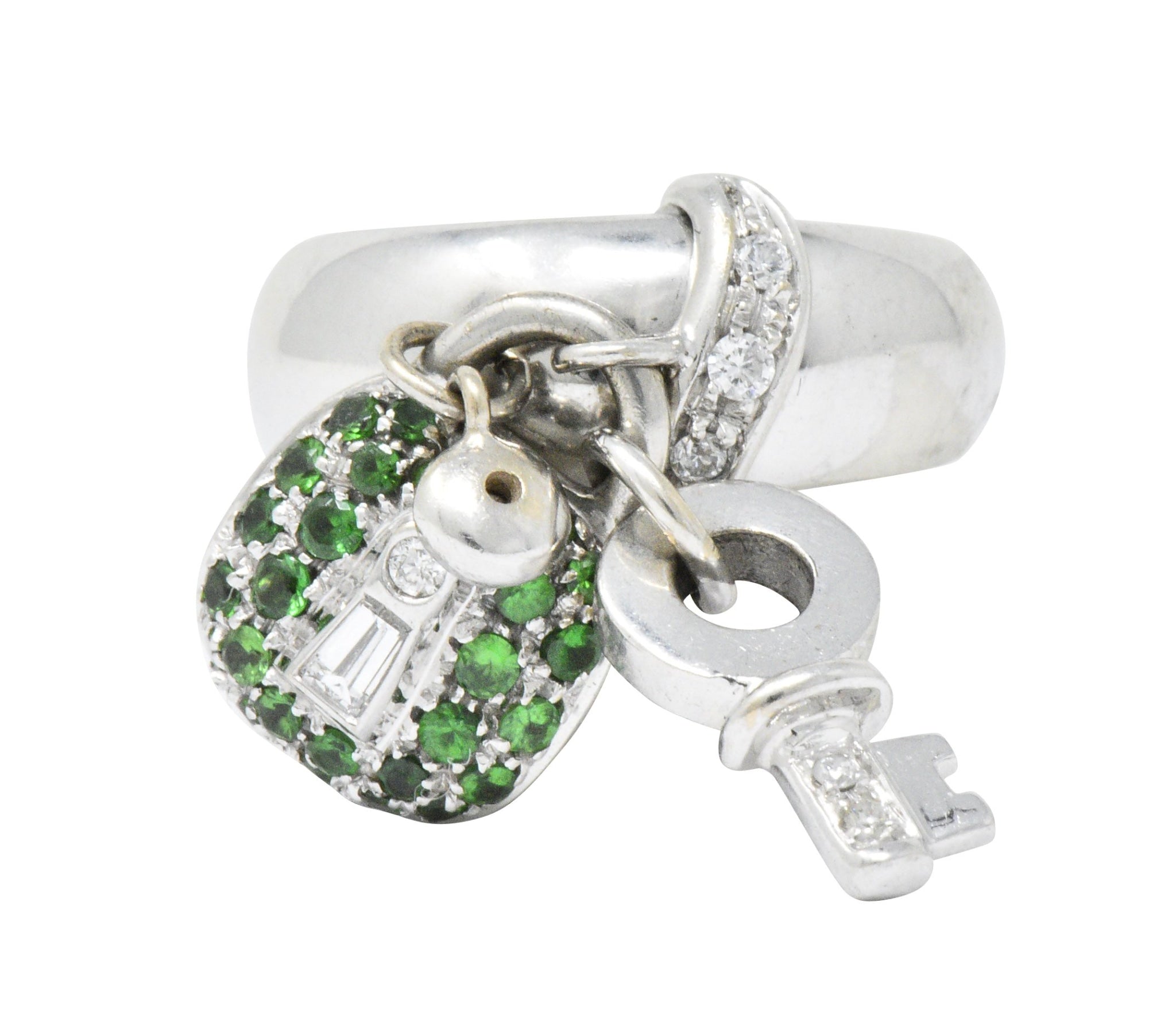 Salavetti 0.75 CTW Diamond Brown Diamond Tsavorite 18 Karat White Gold Lock Ring Wilson's Estate Jewelry