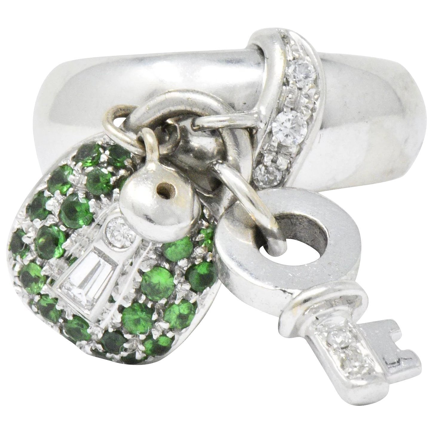 Salavetti 0.75 CTW Diamond Brown Diamond Tsavorite 18 Karat White Gold Lock Ring Wilson's Estate Jewelry