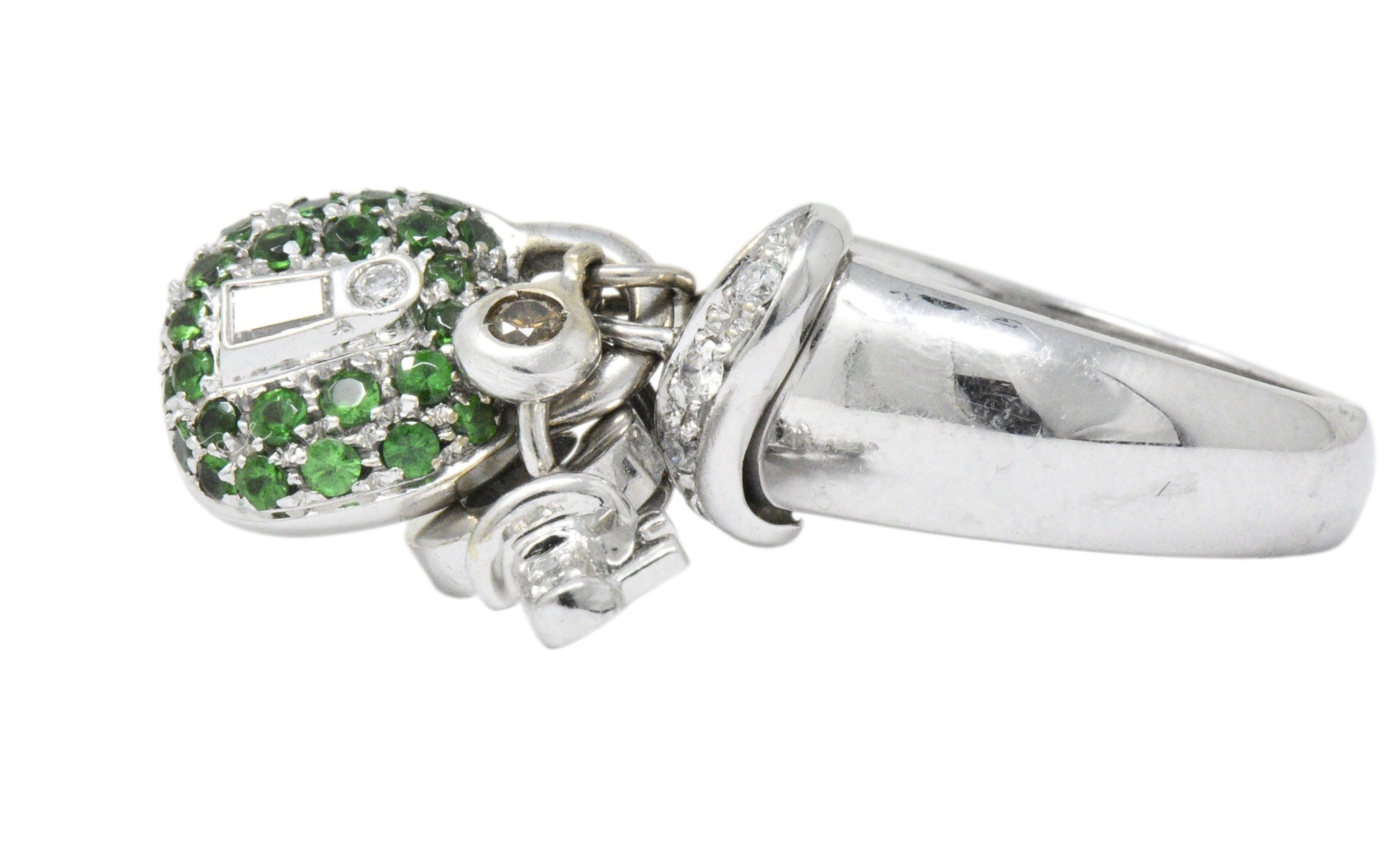 Salavetti 0.75 CTW Diamond Brown Diamond Tsavorite 18 Karat White Gold Lock Ring Wilson's Estate Jewelry