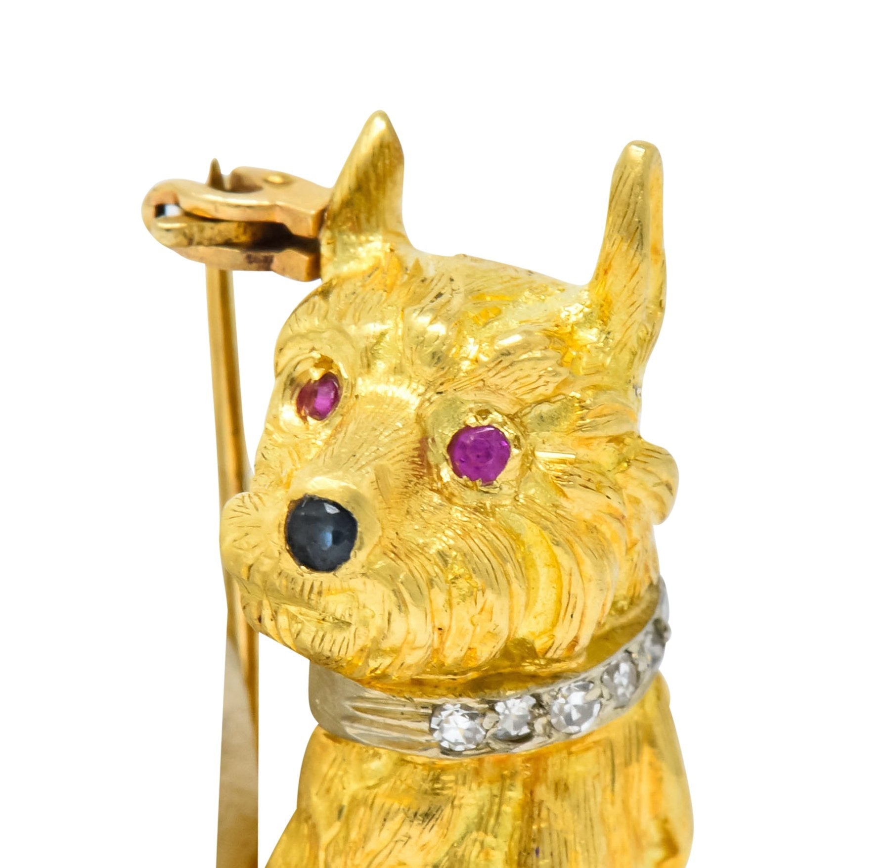 Spitzer & Furman Retro 18 Karat Yellow Gold Diamond Ruby Dog and Ball Brooch - Wilson's Estate Jewelry