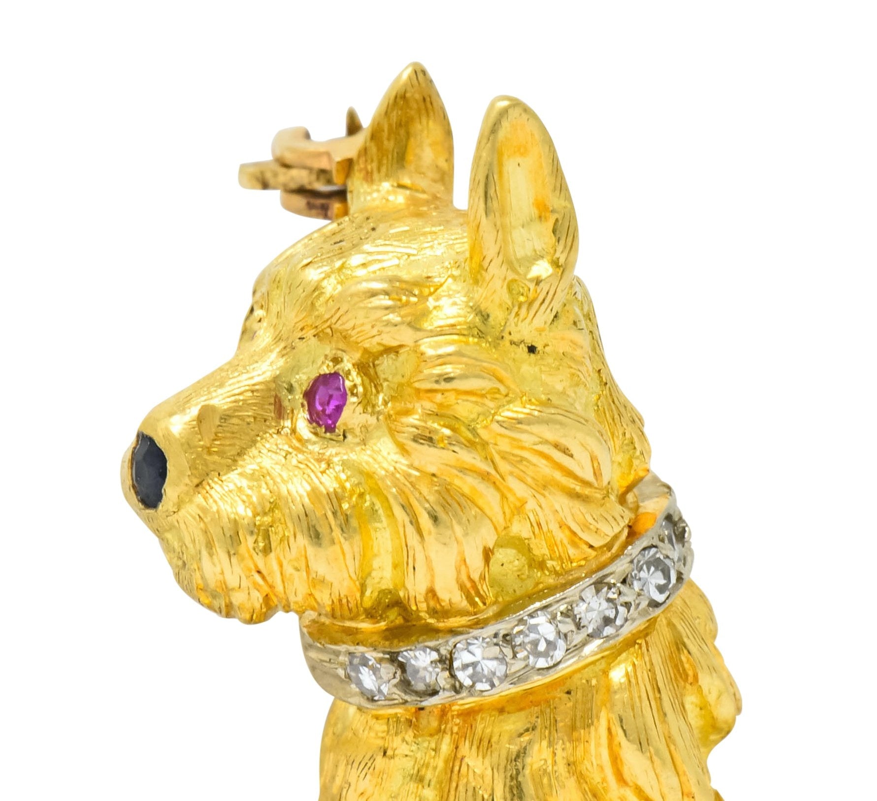 Spitzer & Furman Retro 18 Karat Yellow Gold Diamond Ruby Dog and Ball Brooch - Wilson's Estate Jewelry