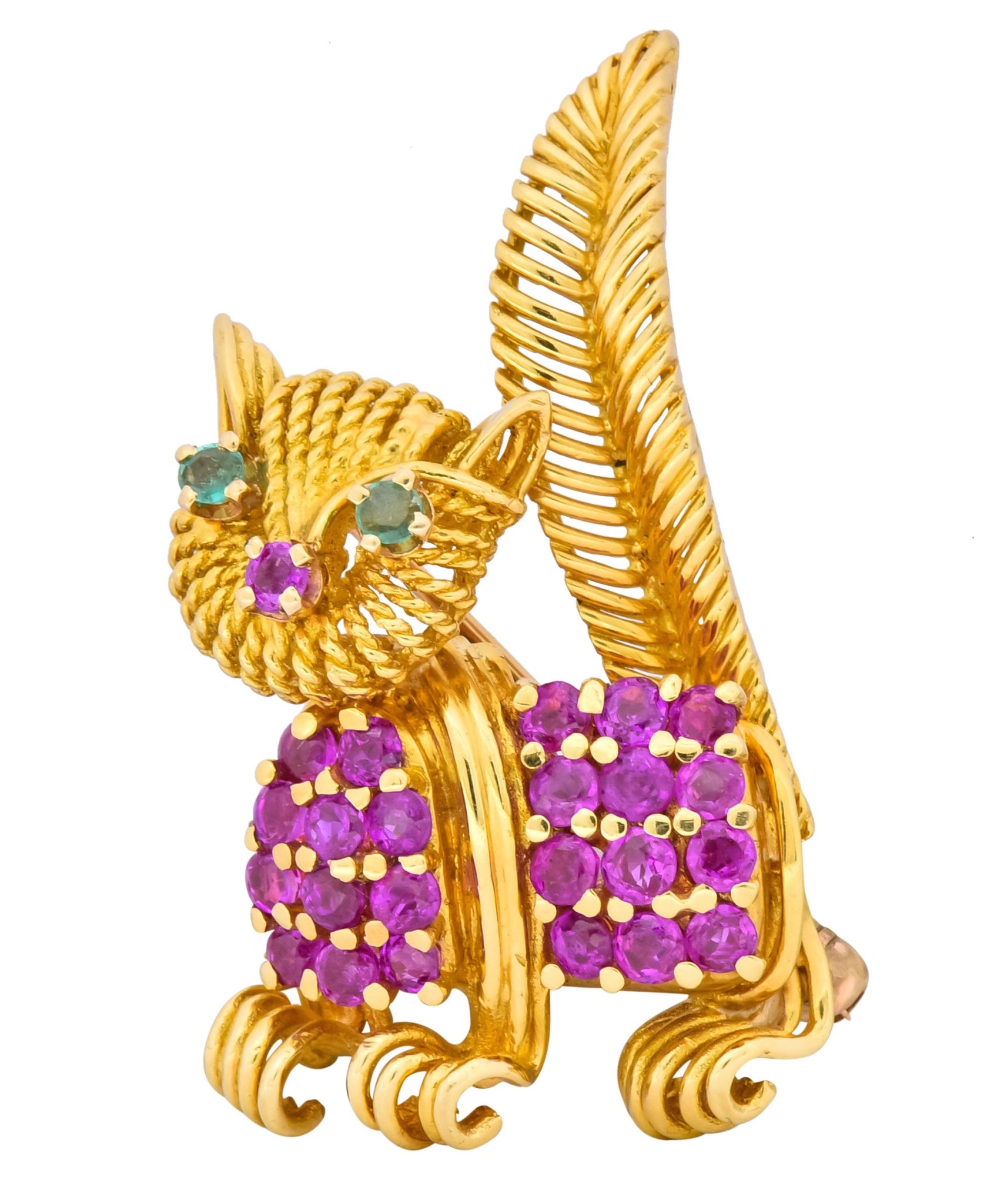 Tiffany & Co. 1960's 1.50 CTW Ruby Emerald 18 Karat Yellow Gold Prancing Cat Brooch - Wilson's Estate Jewelry