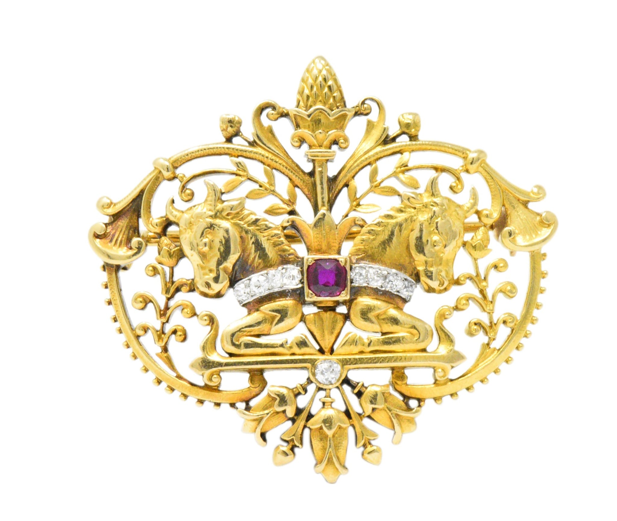 Tiffany & Co. Victorian Diamond Ruby Horse 18 Karat Yellow Gold Brooch Wilson's Estate Jewelry