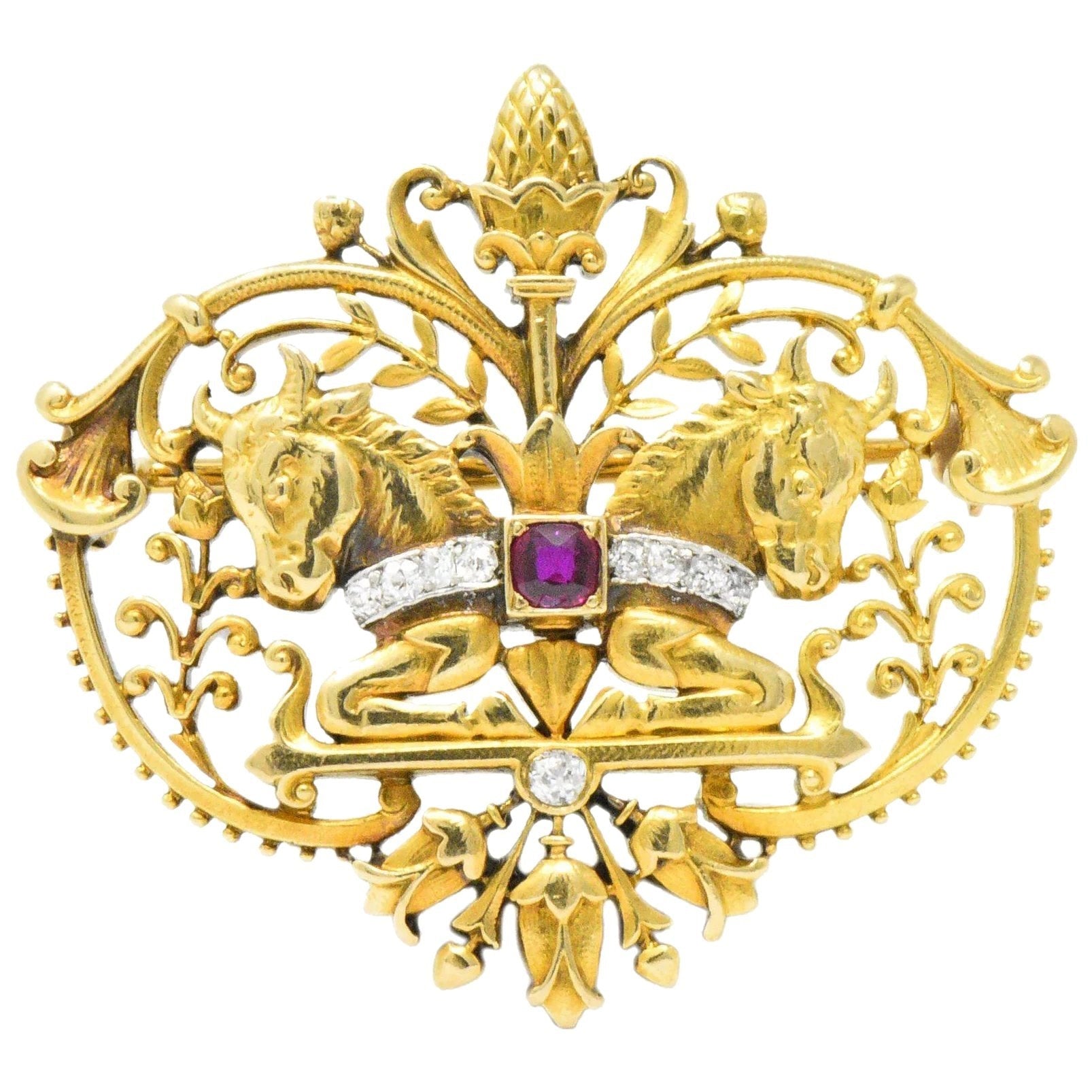Tiffany & Co. Victorian Diamond Ruby Horse 18 Karat Yellow Gold Brooch Wilson's Estate Jewelry