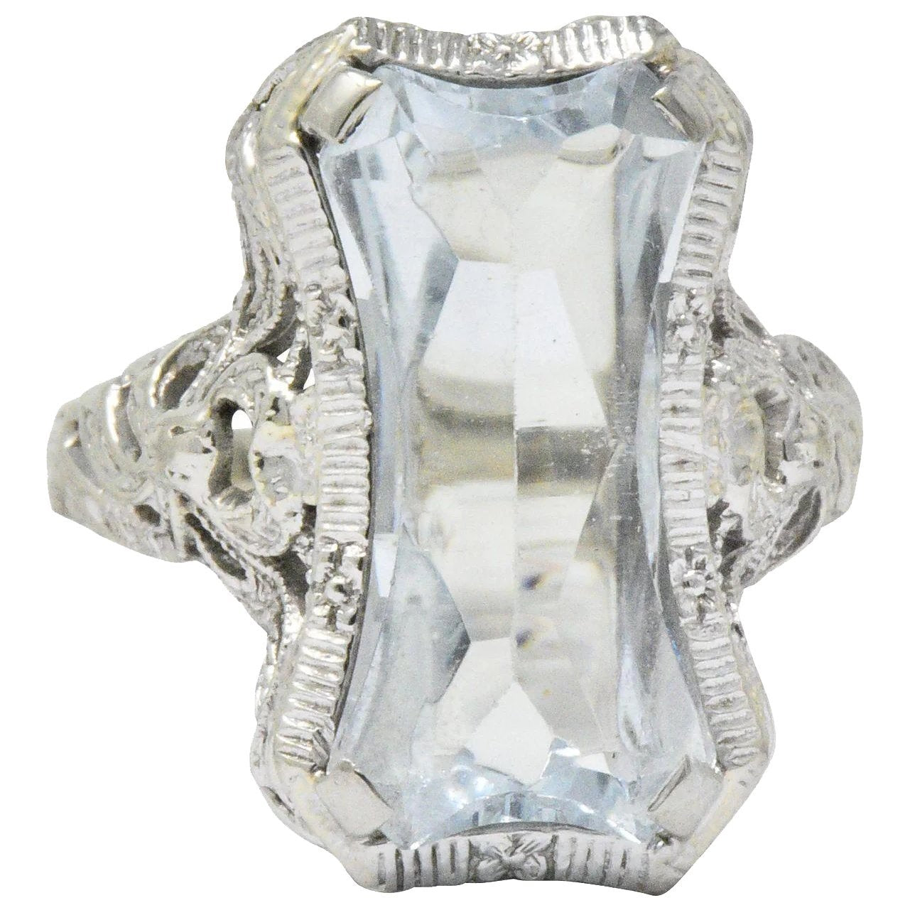 Unique Vintage Art Deco Aquamarine 14 Karat White Gold Ring Wilson's Estate Jewelry