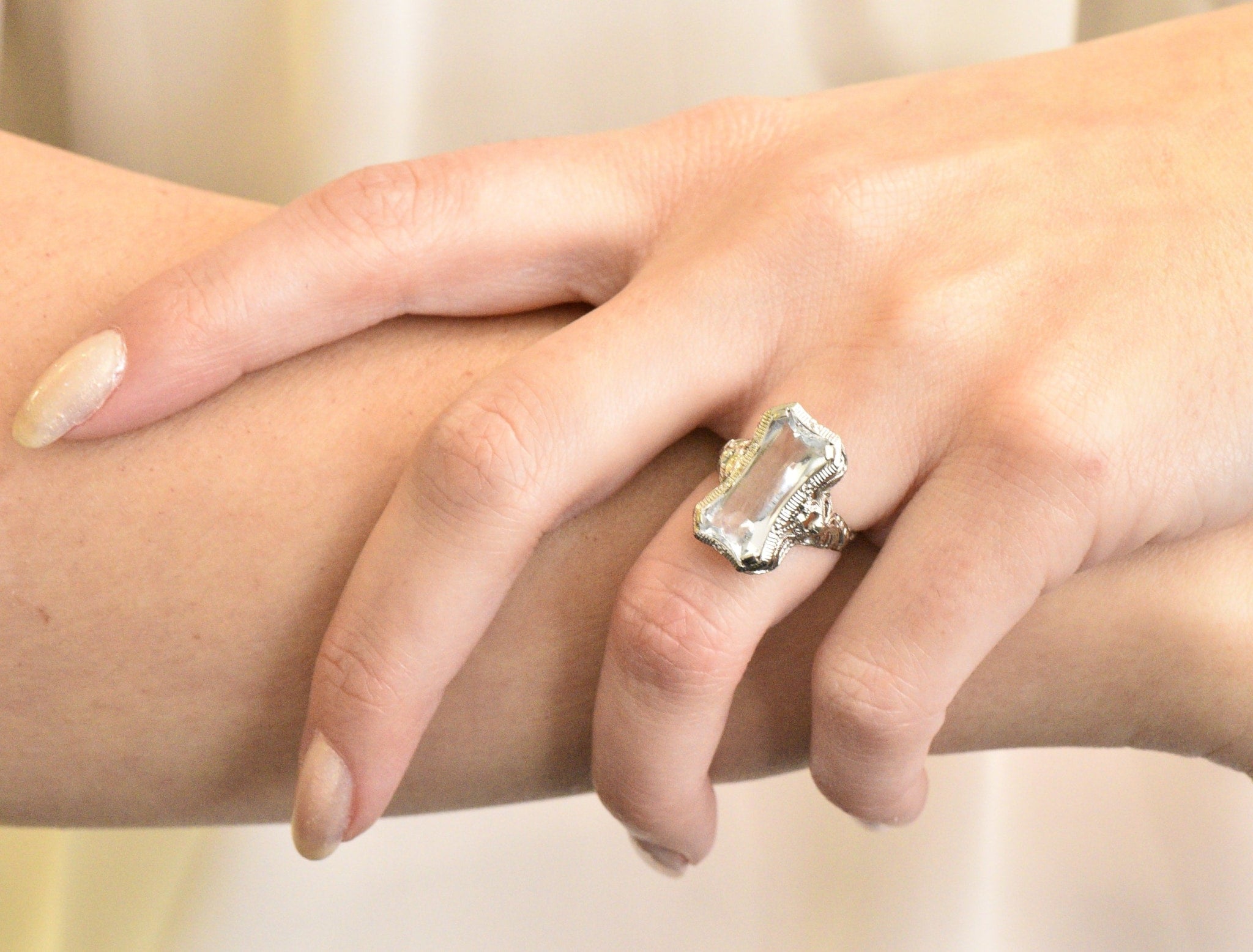 Unique Vintage Art Deco Aquamarine 14 Karat White Gold Ring Wilson's Estate Jewelry