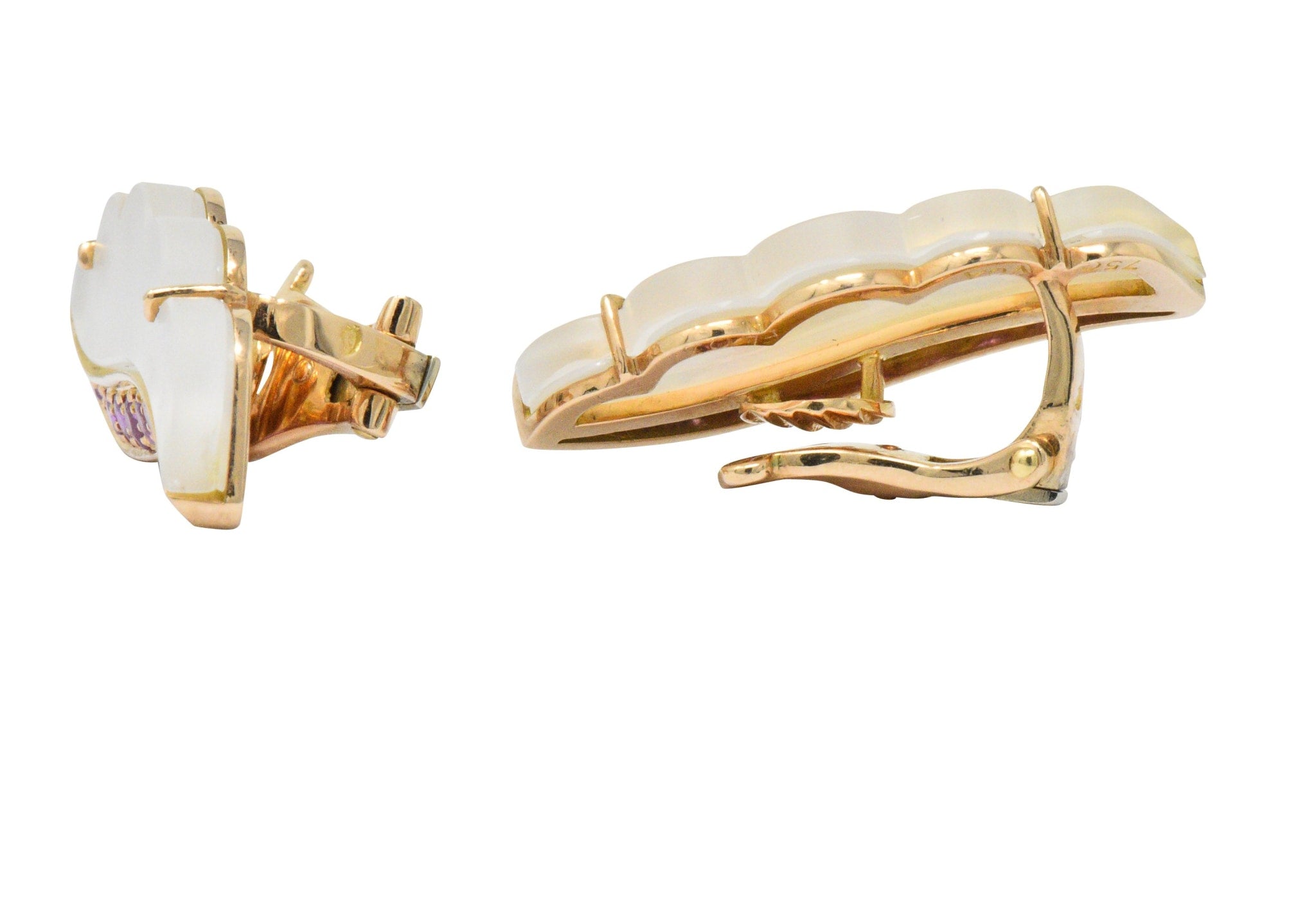 Van Cleef & Arpels 1.05 CTW Pink Sapphire Rock Crystal Mother Of Pearl 18 Karat Gold Ear-Clips Earrings Wilson's Estate Jewelry