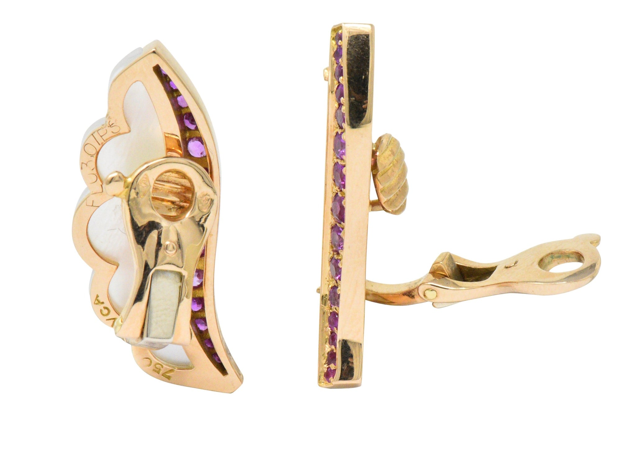 Van Cleef & Arpels 1.05 CTW Pink Sapphire Rock Crystal Mother Of Pearl 18 Karat Gold Ear-Clips Earrings Wilson's Estate Jewelry