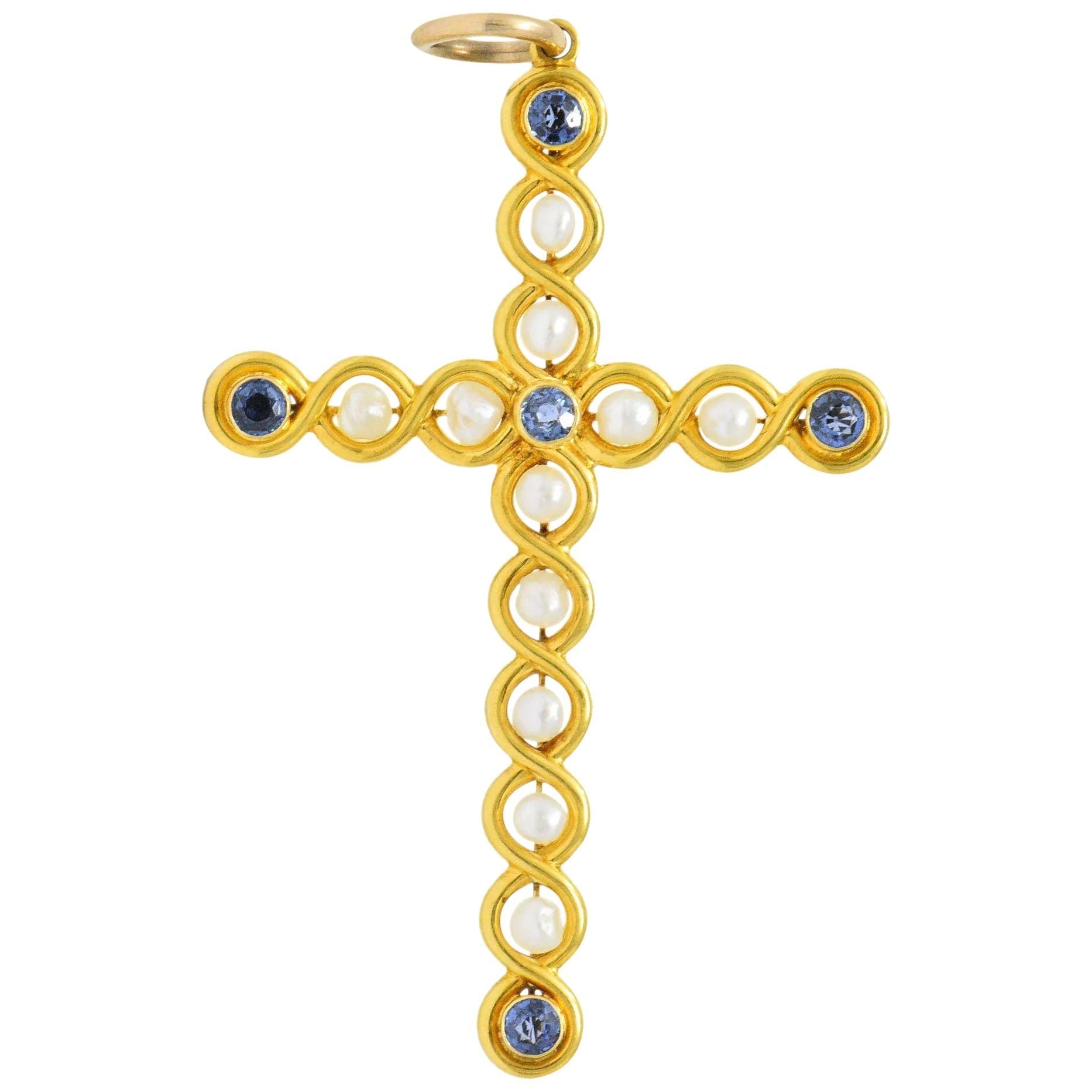 Victorian 1.00 CTW Sapphire Natural Pearl 14 Karat Gold Cross Pendant Wilson's Estate Jewelry