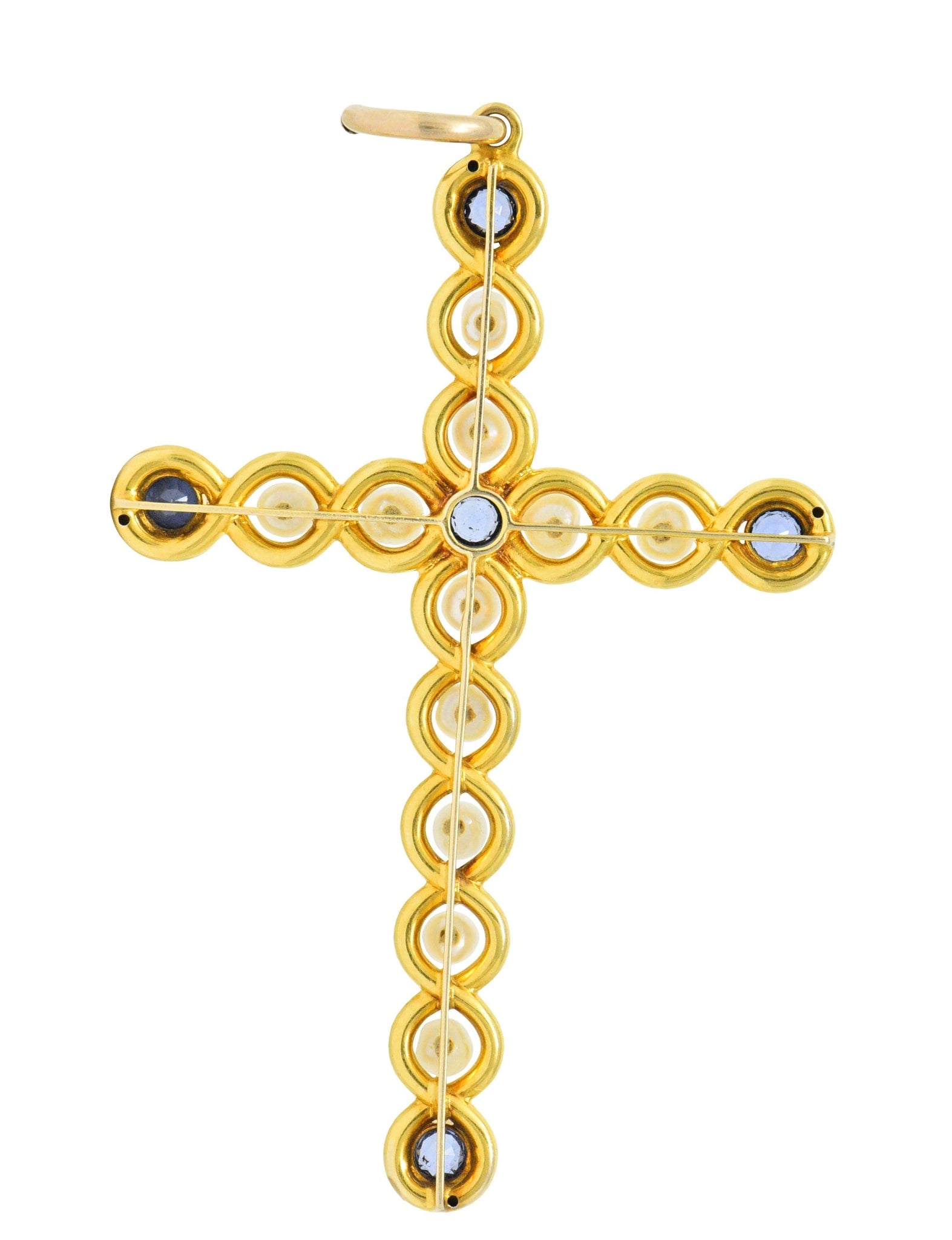 Victorian 1.00 CTW Sapphire Natural Pearl 14 Karat Gold Cross Pendant Wilson's Estate Jewelry