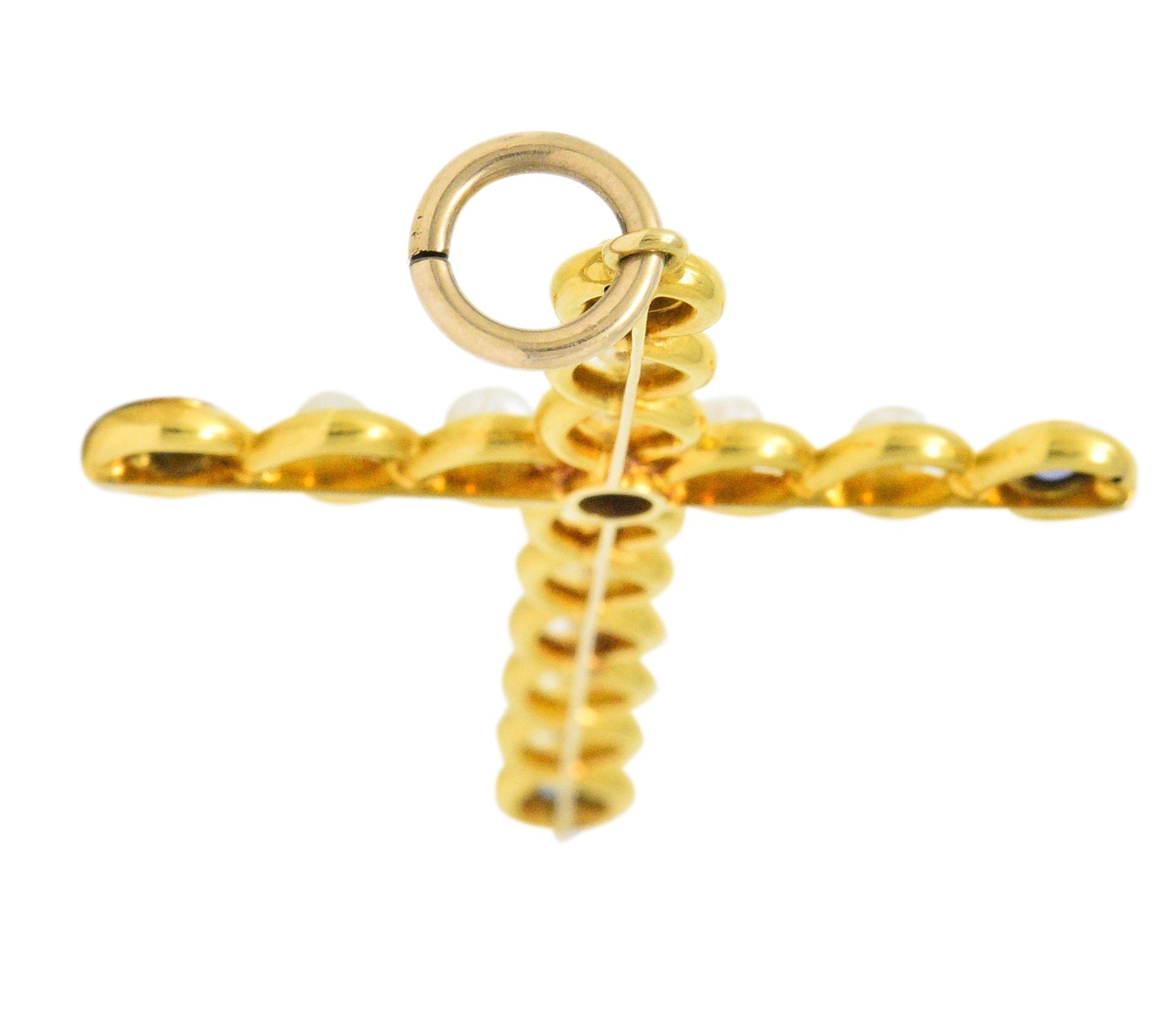 Victorian 1.00 CTW Sapphire Natural Pearl 14 Karat Gold Cross Pendant Wilson's Estate Jewelry