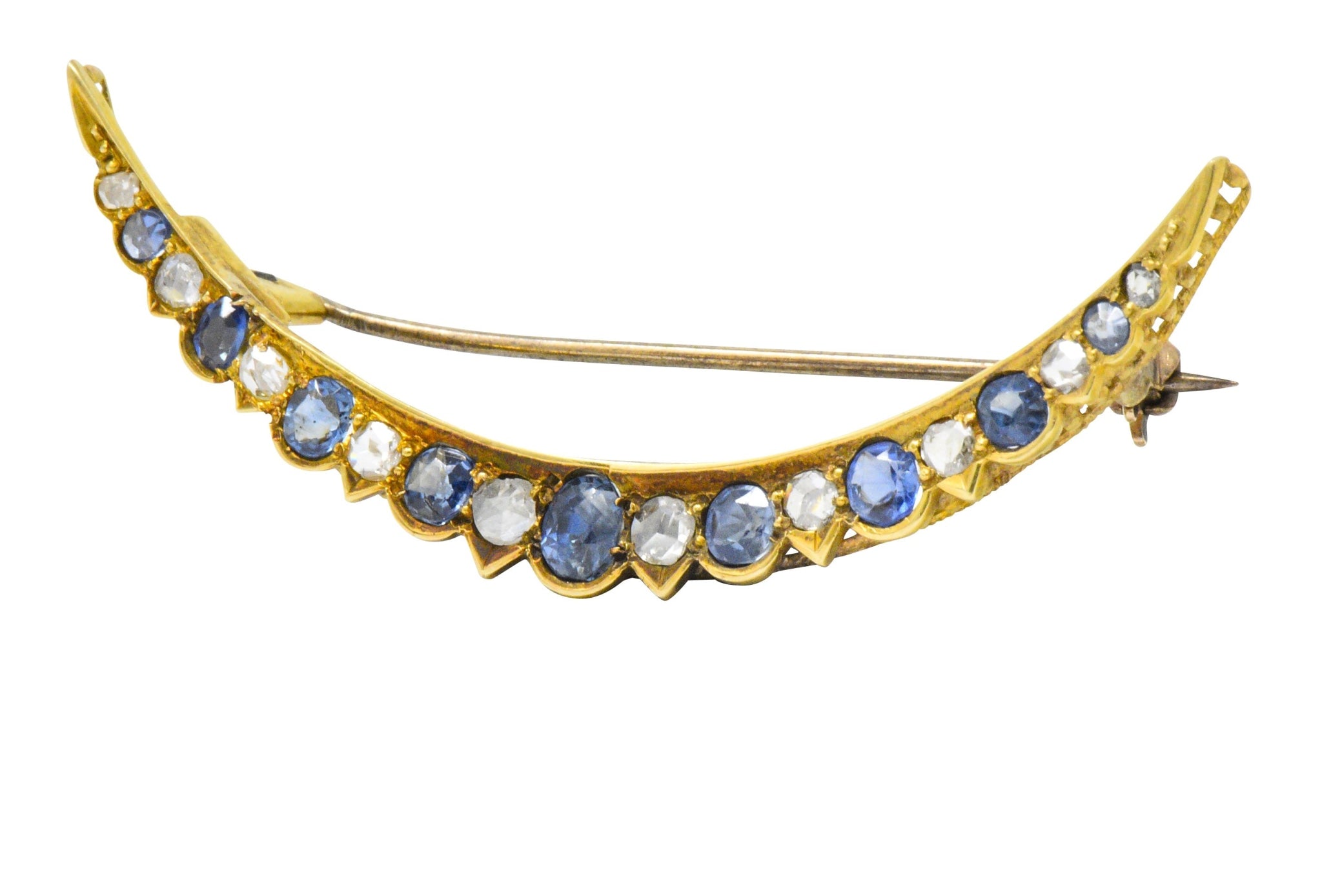 Victorian 1.35 CTW Sapphire Diamond 15 Karat Gold Honeymoon Brooch Wilson's Estate Jewelry